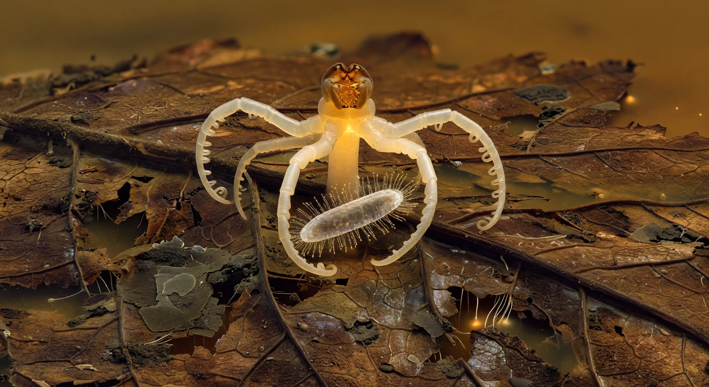 You hover just above the surface of a decomposing alder leaf, your entire field of view filled with a ruined landscape of cellulose — massive interlocking fiber bundles in deep chocolate and burnt umber, their fraying edges dissolving into translucent filaments where bacterial decomposition has softened the once-rigid wall structure, everything bathed in the warm sepia light of tannin-stained water filtering down from above like amber through stained glass. Rising before you from a cracked cellulose ridge is a single *Stephanoceros fimbriatus*, its gelatinous stalk glowing honey-amber with transmitted light, its five spirally-coiled ivory arms spanning roughly the width of a coarse sand grain — yet from within that span the cage they form reads as something architectural, a vaulted predatory cathedral whose curving members are already closing around a struggling ciliate whose surface still fires thousands of silver-bright cilia in frantic, futile motion. Inside the swollen body at the stalk's crown, the mastax — a compact geometric jaw apparatus capable of striking in milliseconds — is visibly tensed, its interlocking elements pressed together in the attitude of imminent action, while the ciliate's flexible pellicle already shows soft divots where two arms have made first contact. This is a world governed entirely by viscosity rather than inertia, where water moves like glycerol, momentum is meaningless, and every structure from the iridescent bacterial biofilms coating the fiber valleys to the amber glow of a predator's stalk exists at a scale where a human hair would loom as a massive cylindrical column overhead.