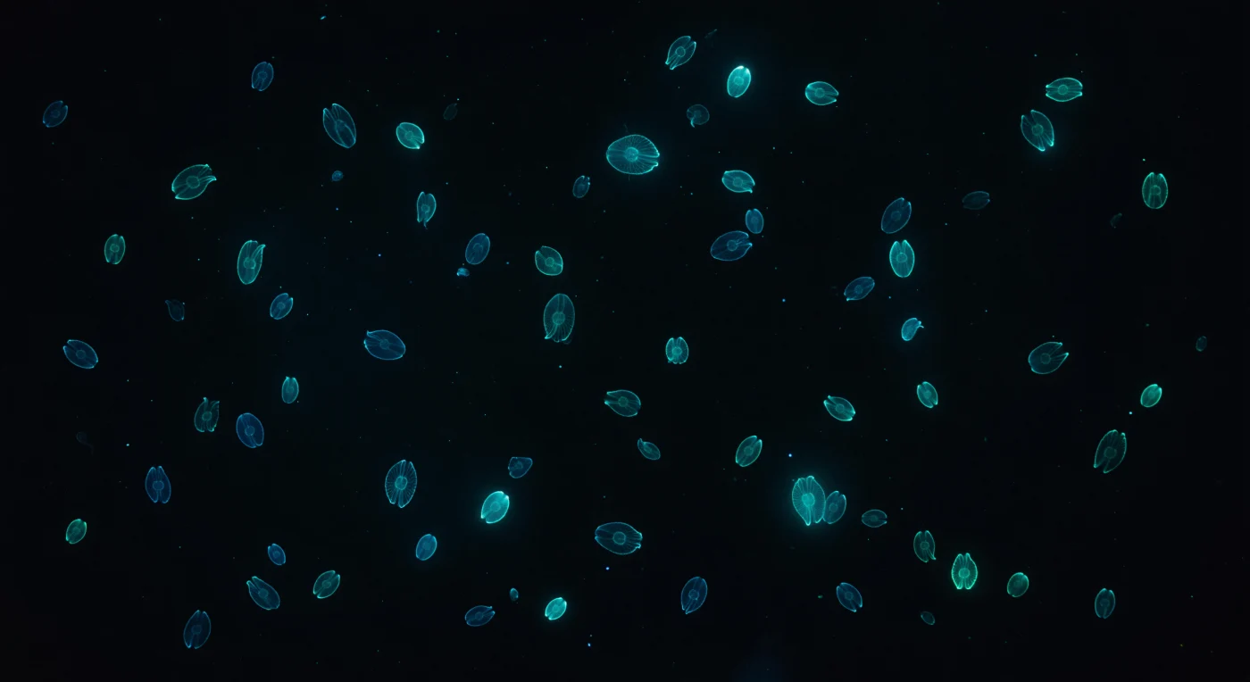 Suspended in the absolute darkness of a moonless ocean, you are surrounded by living geometry — dozens of *Mnemiopsis leidyi* drifting in every direction, their gelatinous bodies so perfectly transparent that they vanish entirely into the black water, leaving only eight ribbons of cold blue-green light to trace each animal's outline against the void. These are the comb rows, eight longitudinal bands of fused cilia whose underlying photocytes fire in a luciferin-luciferase cascade triggered by mechanical disturbance, emitting at precisely 490 nanometers — a teal that exists nowhere on land — as waves of bioluminescent activation travel slowly and repeatedly from the blunt aboral pole down toward the oral end, each traversal taking roughly a second before the row dims and reignites from the top. The mesoglea composing each body is a viscoelastic gel of collagen, glycoproteins, and water refracting light at nearly the same index as seawater itself, so that the animals register only as the faintest curved meniscus, a ghostly lensing distortion where living tissue meets ocean. Farther animals dissolve into soft cyan coronas as suspended marine snow scatters each photon outward before extinguishing it, giving the black water a luminous volumetric texture — shafts of blue-green light extending centimeters into open water, illuminating nothing but the sea itself. The aggregation breathes asynchronously around you, some comb rows mid-pulse, others just igniting, a field of cold living constellations drifting on imperceptible currents through water that is otherwise lightless and absolute.
