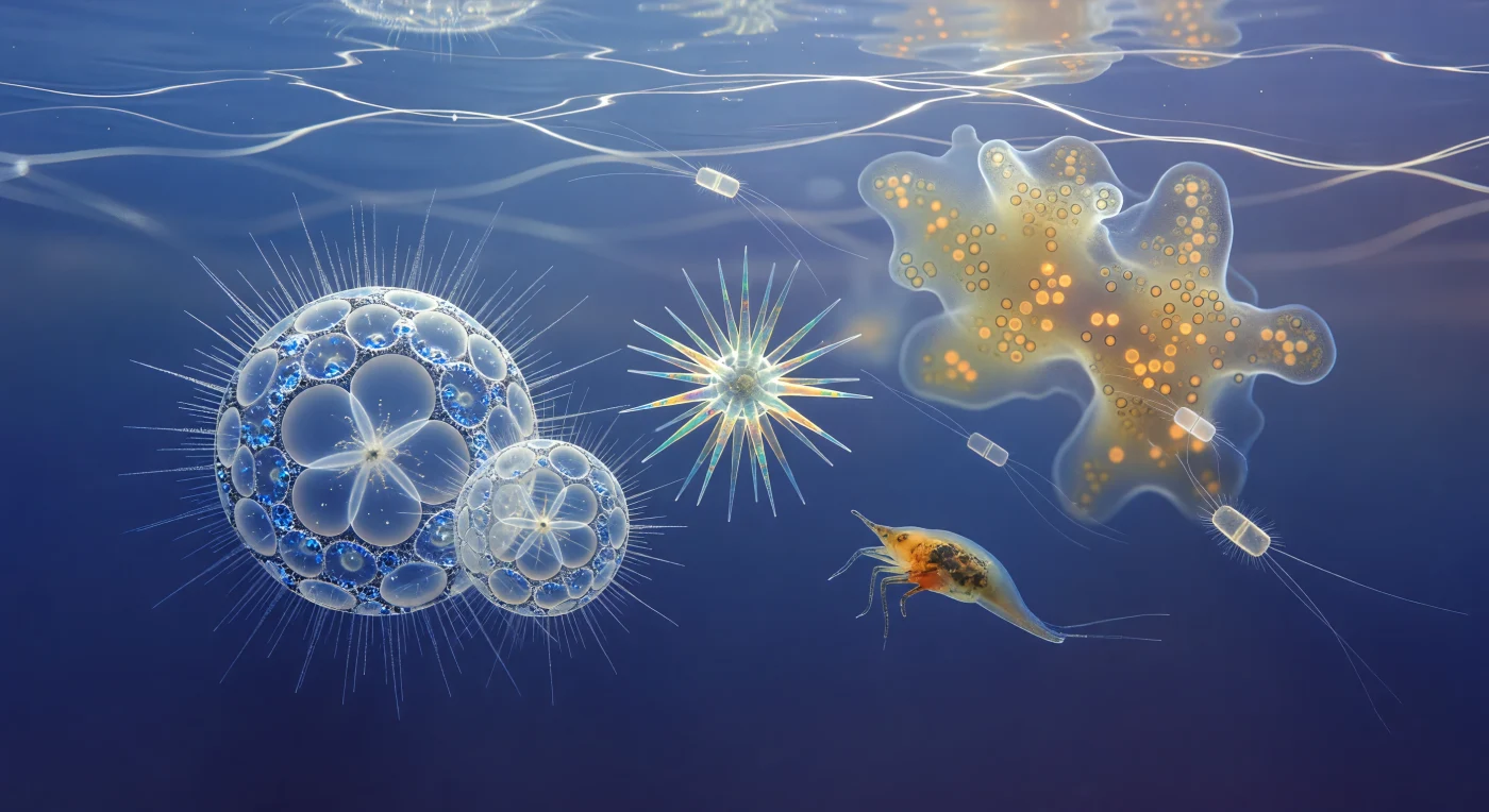 You are suspended thirty meters below the tropical Pacific surface, scaled down to the size of a single radiolarian cell, adrift in a luminous cerulean void where gravity has surrendered its authority to viscosity and diffuse light floods in from every direction above like a slow celestial broadcast. Around you, Sphaerozoum individuals hang in the water like paired cathedrals of opal silica, their nested lattice spheres catching the restless caustic nets drifting down from the surface and fracturing them into cold prismatic sparks at each hexagonal pore, while their axopodial halos — each filament a crystalline microtubule axoneme thinner than a bacterium — ignite briefly into silver wire wherever a shaft of refracted light sweeps through. An Acantharia rotates slowly nearby, its twenty strontium sulfate spines arranged in precise icosahedral geometry and shifting between teal, amber, and rose through birefringence as they turn, the myoneme fibers anchored invisibly at their bases ready to adjust the cell's buoyancy in response to pressure or light. Behind you, the Collodarian colony fills peripheral vision like a warm amber nebula, its gelatinous shared matrix backlit by surface sun filtering through thousands of embedded symbiotic dinoflagellate cells — each a five-to-fifteen-micron sphere burning with chlorophyll warmth — while Chaetoceros diatoms drift past like frosted glass shuttles trailing hair-thin silica setae, and a copepod nauplius the apparent size of a school bus tumbles through mid-water, its translucent body and beating limbs moving in the slow-motion choreography of a world ruled entirely by Stokes drag.