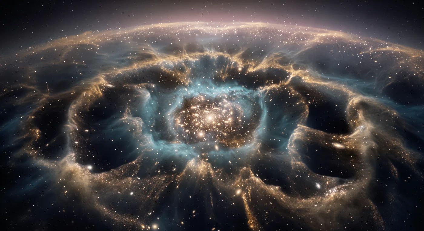 You are suspended at the gravitational heart of the Great Attractor convergence zone, where filaments of warm amber and antique gold — each a river of massed elliptical galaxies several million light-years thick — arc inward from every direction like the spokes of an inconceivably vast wheel, their edges dissolving into hazes of ionized intergalactic gas while the intervening voids drop to a deep, saturated indigo-black of nearly absolute emptiness. At the center of this convergence, the Norma Cluster blazes as a densely packed knot of hundreds of galaxies whose combined starlight fades from ivory at the core outward through pale champagne and gold, enveloped in a mottled cyan-teal fog of intracluster plasma heated to tens of millions of degrees — the X-ray-emitting ICM that betrays, through its turbulence and brightness gradients, the shock-heating signature of matter that has been falling inward for billions of years. Blue velocity-flow streamlines curve inward from all directions, tracing the invisible gravitational funnel generated by a mass concentration so dominant it deflects the Hubble flow across hundreds of millions of light-years, pulling the Milky Way and its neighbors toward this region at roughly 600 kilometers per second. In the far background, the Shapley Supercluster glows as a diffuse horizon of pale gold and rose light — too distant to resolve into individual galaxies, it becomes a luminous coastline, a deeper reservoir of mass behind the attractor itself, its gravity layered onto the convergence like a second, slower tide. The full panorama is a nested succession of cosmic architecture in which every scale of structure — cluster, filament, supercluster wall, void — is simultaneously visible, each layer more ancient in its light than the last, the silence of the dark gulfs between the glowing spokes making the scene feel at once intimate and vertiginously immense.