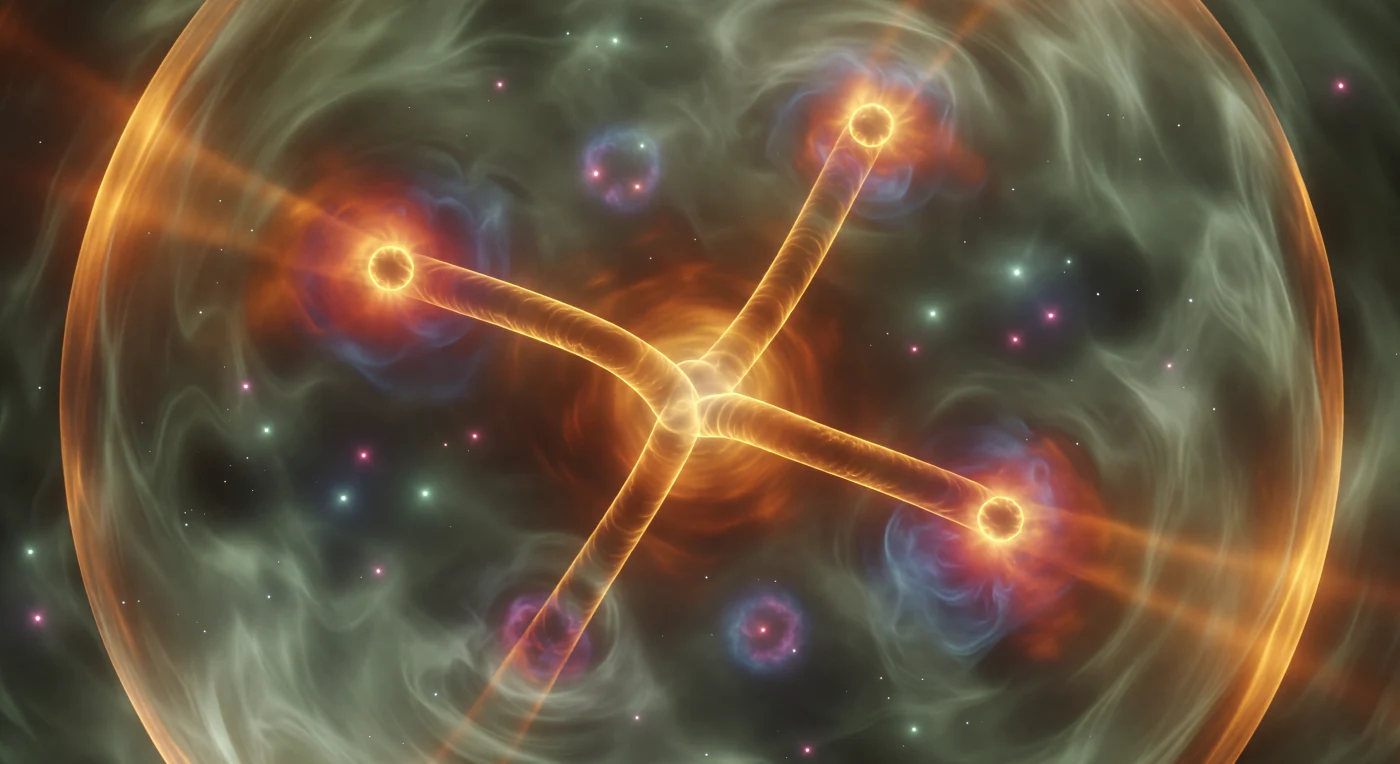 Suspended within a cavity no wider than a single proton, the observer floats at the heart of one of nature's most inescapable enclosures, where three valence quarks — bound up-up-down in this baryon — streak luminous trails through the churning volume, their relativistic motion smearing warm gold into Doppler-shifted halos of orange and violet as they trace their ceaseless, never-escaping paths. Between them, thick flux tubes of compressed chromodynamic field energy form a Y-shaped braid of amber plasma, converging at a central baryon junction that blazes with the radiance of a forge seen from inside, the string tension within each cord approaching 14 tonnes of force — a confinement so absolute that any attempt to pull a quark free would simply nucleate an entirely new quark-antiquark pair from the vacuum itself. The surrounding medium is not empty space but a living gluon condensate — pearlescent green-gray fog seething with the paired aurora-flashes of sea quarks condensing and annihilating in intervals shorter than 10⁻²⁴ seconds, while occasional instanton pulses roll through the volume like violet storm-bruises, brief topological upheavals in the quantum vacuum that dissolve back into the ambient haze before a single strong-force crossing time has elapsed. The cavity wall is not a surface but a pressure — the flux tubes brighten and curve inward as they approach the boundary, the entire hadronic world self-sealed, its interior energy density rivaling that of the early universe compressed into a sphere a hundred million times smaller than an atom.