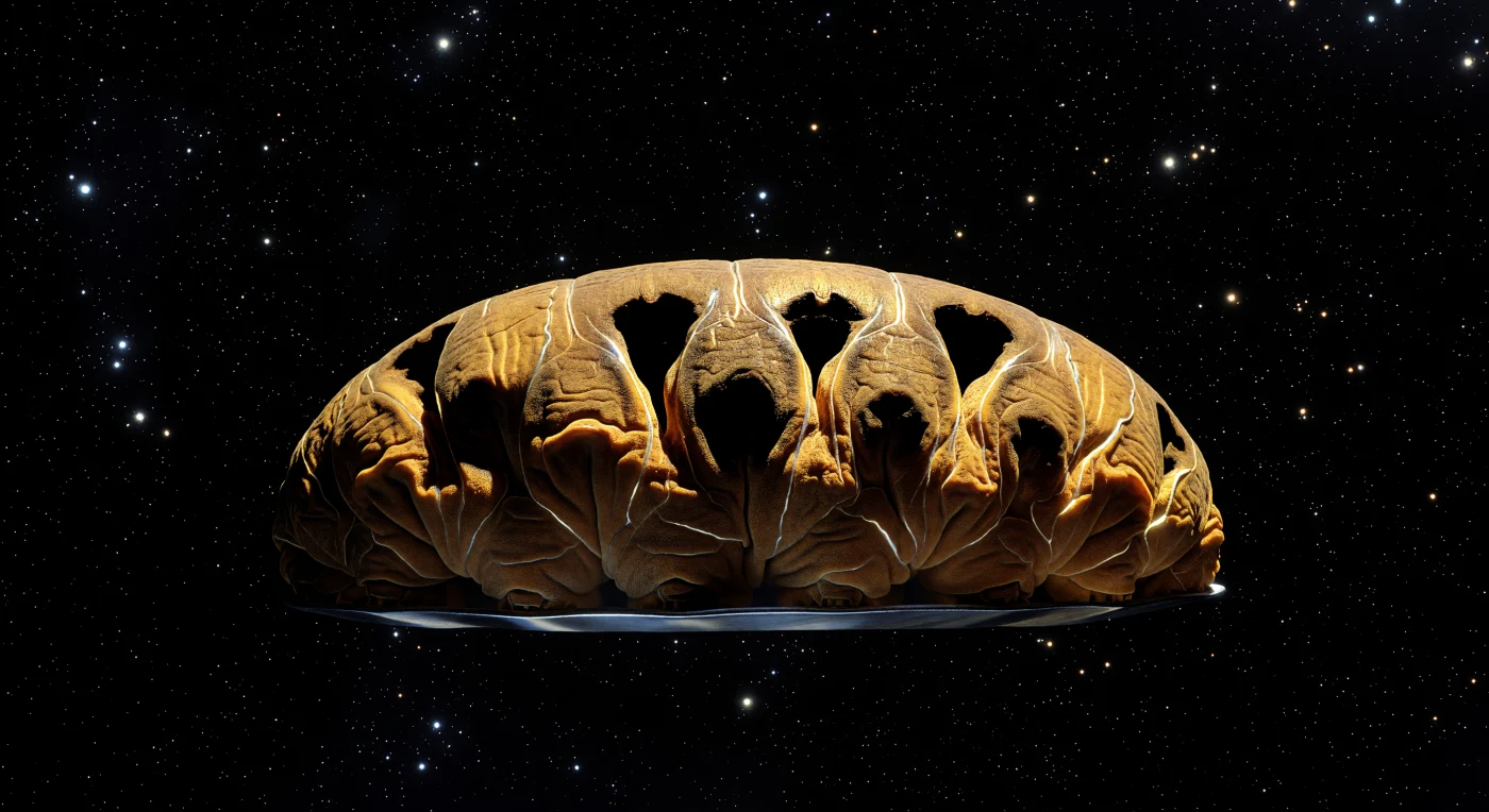 You float at the surface of something that reads, at this scale, exactly like a world — a barrel-shaped moon of amber and sienna, its entire surface an undulating topography of compressed cuticle ridges and valleys, each fold a record of the living animal that once inhabited this contracted shell. This is a tardigrade tun: a state of cryptobiosis in which the animal has retracted its legs, expelled nearly all its water, and reorganized its cellular chemistry around trehalose glass, suspending metabolism so completely that the boundary between dormancy and death becomes philosophically ambiguous. Unfiltered solar radiation — the full spectrum with no atmosphere to edit it — strikes the near hemisphere with surgical precision, illuminating the interlocking polygonal cuticular plates along their crests in warm ochre-gold while the troughs plunge into lightless black, the raking angle transforming the surface into a landscape of simultaneous fire and void that no earthly environment, with its scattering air and diffuse shadows, could ever produce. The terminator line dividing sunlit amber from absolute dark is sharp as a material edge, because in vacuum there is no limb-glow, no gradient, nothing to negotiate the transition between a small, intricate biological structure holding its molecular architecture intact and the indifferent interstellar dark surrounding it in every direction. What makes this scene extraordinary is the equation it makes visible: a few hundred micrometers of compressed cuticle and vitrified cytoplasm, resting on a machined metal substrate somewhere in a laboratory, containing within its wrinkled geometry the complete suspended blueprint of an animal that has outlasted conditions that would reduce most life to chemistry.