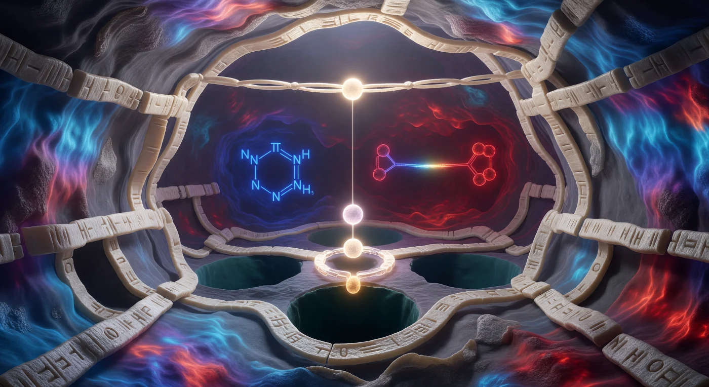 You are standing inside a catalytic pocket so small that the entire chamber spans barely fifteen ångströms from wall to wall, yet the architecture here has been refined by four hundred million years of evolutionary pressure into one of biochemistry's most precise reaction environments. The walls — pale ivory ribbons of beta-sheet and alpha-helix, their surfaces granular with the van der Waals radii of individual residues — glow in a continuous thermal electrostatic map: cool cerulean at the entrance bleeding through violet into deep scarlet at the rear, where the aspartate of the catalytic triad anchors its twin oxygens in burgundy charge against the back wall, stabilizing the entire network through electrostatic communication rather than covalent contact. Midway through the cavern, a histidine imidazole ring floats in electric cobalt blue, its π-electron cloud humming between two tautomeric states as a proton shuttle; directly below the substrate's scissile bond — which arches overhead like a luminous bridge, its carbonyl carbon suspended at approximately three ångströms of charged tension above the active-site floor — the hydroxyl oxygen of Serine 195 blazes white-gold, its lone pairs poised to launch a nucleophilic attack that will break the peptide bond in microseconds. Everything here vibrates: bond lengths oscillate on femtosecond timescales, side chains tremble through nanosecond fluctuations, and the ghost of recently expelled solvent water charges the pocket with an electric expectancy that is less metaphor than measurable electrostatic fact.