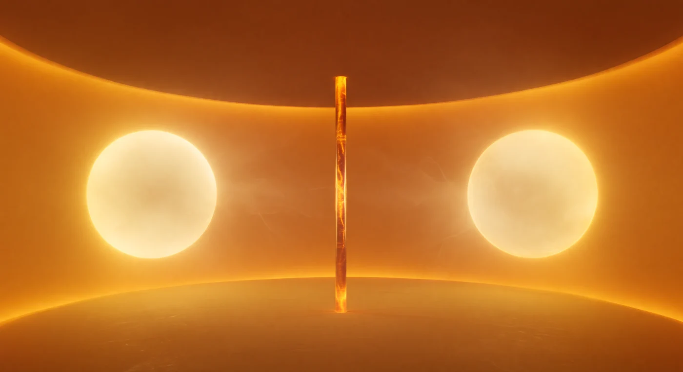 You stand inside a spherical enclosure barely four-tenths of a femtometer across, yet the proportions declare themselves as vast — a domed sanctuary of compressed chromodynamic fire whose amber walls press inward with the absolute authority of a force that grows stronger with every increment of distance, making escape not merely impossible but physically meaningless. Two massive golden-white presences face each other across the chamber: the charm quark and its antiquark, each far heavier than the up or down quarks that populate ordinary matter, their greater mass pulling them into genuinely non-relativistic orbits and gifting the entire interior with a stillness that lighter-quark hadrons never possess, their interiors choked with virtual-pair foam and instanton storms that have no counterpart here. Between the two nodes hangs the flux tube — narrow, steady, amber-orange, its chromodynamic string tension holding at roughly 0.18 GeV² per femtometer in a column so composed it reads less like a dynamic field and more like cooled resin, its linear confining potential rendering the color force as a warm thermal gradient that deepens visibly toward the perimeter, the boundary itself a darkening sienna where the vacuum's confinement pressure becomes total. The volumetric haze drifting in slow gossamer wisps toward the flux column is the quantum vacuum made visible — not empty space but a condensate of broken chiral symmetry, the ambient medium through which the strong interaction writes its laws — and the cathedral silence of the whole interior is the silence of a system so precisely balanced between kinetic energy and chromodynamic binding that it persists as a discrete spectroscopic state, the J/ψ meson, sharp enough in mass to have announced the existence of charm itself to the world above.