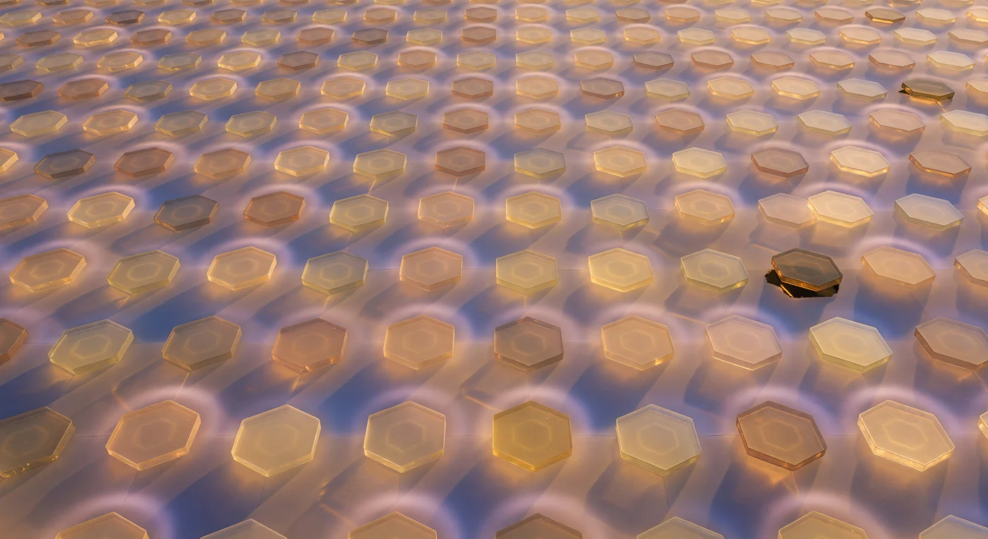 The world underfoot is an infinite plain of warm hexagonal discs, each one tilted at a sharp alternating angle to its neighbor in a herringbone weave that repeats with hypnotic exactness in every direction, like a vast tiled floor laid by some crystallographic intelligence working at a scale where cobblestones are made of electron density rather than stone. These are benzene molecules frozen into their monoclinic lattice at 175 K, each flat aromatic ring held in place not by covalent bonds to its neighbors but by the subtle geometry of edge-to-face CH–π interactions — one molecule's hydrogen edge leaning toward another's π face across a gap of roughly 3.5 ångströms, a distance so intimate that the ghostly violet-amber halos of delocalized π-electron cloud hovering above and below each molecular plane nearly overlap, pooling faintly at the closest approach like shared breath. The cold is not warmth but absolute stillness: bond vibrations reduced to their irreducible quantum minimum, every disc locked in crystallographic exactitude, the entire landscape held in a frozen cathedral geometry that recedes through softly glowing amber-indigo corridors toward a luminous infinity. Here and there a dark socket interrupts the perfection — a vacancy defect where a single molecule is absent, its neighbors leaning fractionally inward, their π halos fraying at the edges as though registering the disruption in the only language available to them: a slight asymmetry in the otherwise flawless periodic order.