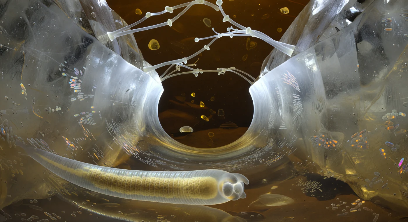 You are threading through a water-filled capillary gap between two quartz grains, their faces rising on either side like walls of pale glass — crystalline, inclusion-veined, refracting the ambient light into cold prismatic fragments wherever a surface meets water at an angle. The tunnel geometry is not carved but self-organizing: its lens-shaped cross-section is dictated entirely by surface tension, and at each end the meniscus curves outward into a blazing parabolic arch, so luminously white that it floods the corridor with a cool brightness that softens progressively into warm ochre-brown as it reaches the mid-corridor ceiling and floor, where bacterial biofilm sheathes every quartz face in a living lacquer shimmering structural iridescence — bronze, violet, aquamarine — its rod-shaped residents visible as faint parallel ridges under the meniscus-glow. Above, translucent fungal hyphae bridge quartz face to quartz face in long tensioned arcs, their glassy walls catching scattered light at each branching node like chandelier joints in an architectural rigging no engineer designed. Your own body presses gently against the water-film floor as a curved translucent cylinder, its cuticle annulations catching the lateral iridescence in short silver arcs, and within, your gut burns amber — a thick core of autofluorescent yellow-brown granules that cast a faint jaundiced glow upward through your body wall, scattering through the curved meniscus above and returning as diluted gold tinting the corridor floor, the entire scene self-illuminated by refractive geometry and biological light, the two meniscus caps blazing like white suns at each end of a world that is alive on every surface.