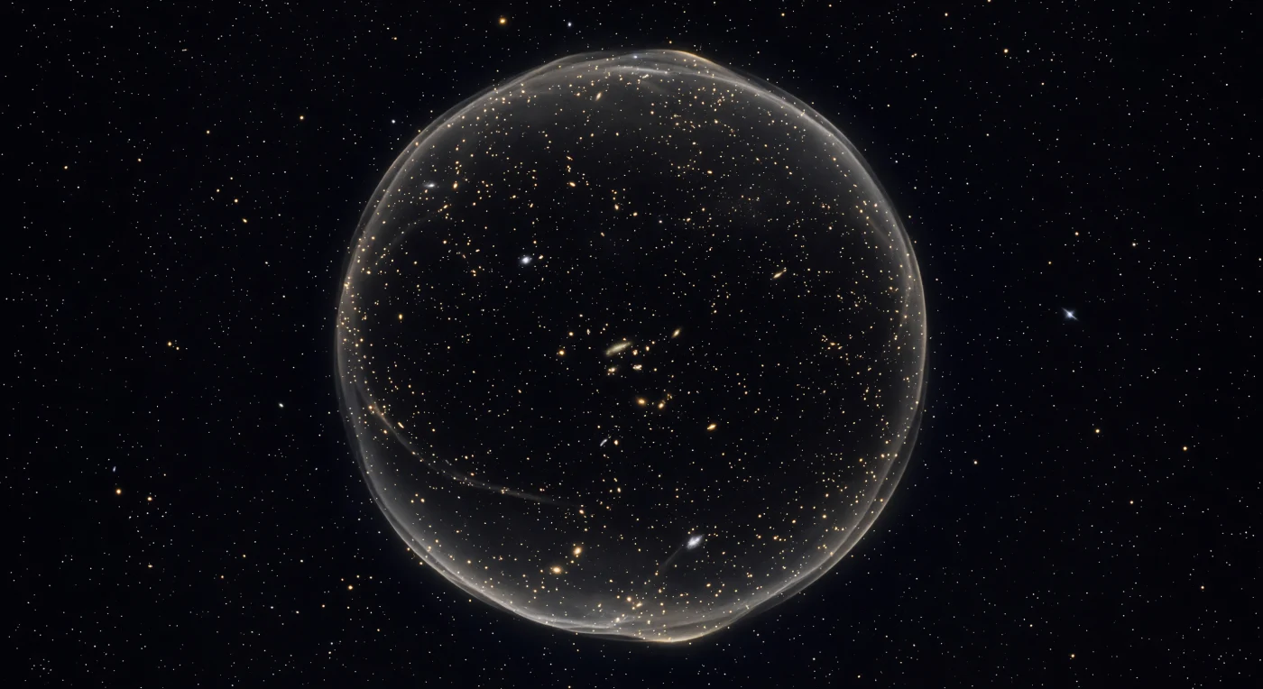 In every direction from this vantage at the statistical heart of the volume, the same scene unfolds: a three-dimensional fog of warm amber points suspended in deep indigo-black, each one a galaxy or cluster of galaxies, their collective light arriving orange-shifted by billions of years of cosmic expansion, assembling in the eye as something that first reads as randomness — the way fireflies appear uniform before pattern emerges from the dark. Then the full hemisphere registers, and at a consistent perceived radius in all directions simultaneously, the scatter very subtly thickens into a ghostly translucent shell, pale champagne and cold ivory against the cosmic black, not a wall but a whisper of heightened presence, a spherical overdensity barely distinguishable from background yet unmistakably there: the frozen acoustic horizon, a pressure wave that propagated through the plasma of the infant universe for its first 380,000 years and then locked into place as matter decoupled from radiation, its preferred scale of 147 megaparsecs now encoded into the statistical arrangement of a trillion galaxies across nearly a billion light-years of volume. Where the shell intersects the filamentary skeleton of the cosmic web, it brightens fractionally — warm ochre deepening toward tarnished bronze, phosphorescent beads gathered at the crests of invisible waves — because the underlying density ridges of dark matter provided the scaffolding along which the sound wave preferentially froze. The observer inhabits the exact interior of a sphere whose curvature is simultaneously intimate and incomprehensible, a 13.8-billion-year-old sound made visible in the geometry of everything.