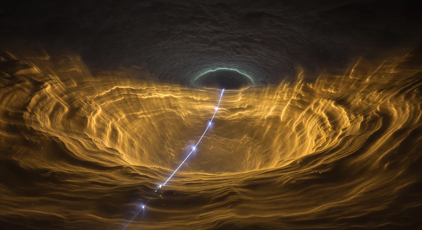 You are suspended inside the hollow core of a young star's first act of violence — a biconical tunnel blown clean through an ancient dark molecular cloud by a wind not yet ten thousand years old. The cavity walls curve away from you in both directions like the interior of an immense horn, pressing inward at distances of hundreds of astronomical units yet reading as architecturally intimate, their surfaces corrugated and scalloped by continuous wind ablation into overlapping ridges and fibrous hollows that glow a deep amber-gold where molecular hydrogen fluoresces under infrared irradiation pumped outward from the hidden protostellar disk buried somewhere beneath the opaque dark below. Threading the central axis of this luminous tunnel runs a razor-collimated jet of ionized iron plasma — blue-white, coherent, and precise — punctuated by standing shock knots where velocity differentials compress the beam into brief flares of electric blue-violet before resolving back into thread, its faint contact scar inscribed against the warm cavity wall marking the boundary between two entirely different physical regimes. At your back, the cavity mouth opens outward into the cold molecular cloud exterior, and at that aperture a bow shock arc glimmers — a thin crescent of pale blue-green emission curved symmetrically around the outflow axis, barely brighter than the surrounding darkness, announcing to the interstellar medium that something enormous and irreversible has just begun.