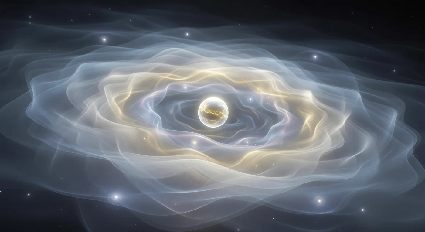 You float inside the hydrogen atom’s ground-state cloud, surrounded by a vast, softly glowing blue-white fog whose density swells inward toward a brilliant white-gold nucleus and then falls away into near-black at the farthest perceived distances. The mist is not empty vapor but the electron’s probability amplitude made spatial, a spherical field with no true horizon, its texture formed by subtle volumetric grains and layered translucence that suggest motion without any visible flow. At irregular moments, tiny crystalline flashes puncture the haze and vanish almost instantly, like brief localizations of charge before the wavefunction relaxes back into spread-out uncertainty. The nucleus burns at the center as an impossibly intense compact source, bleaching nearby space to pale cream and gold while faint halos and interference-like bands ripple through the surrounding cloud, making the entire scene feel both intimate and immeasurably vast.