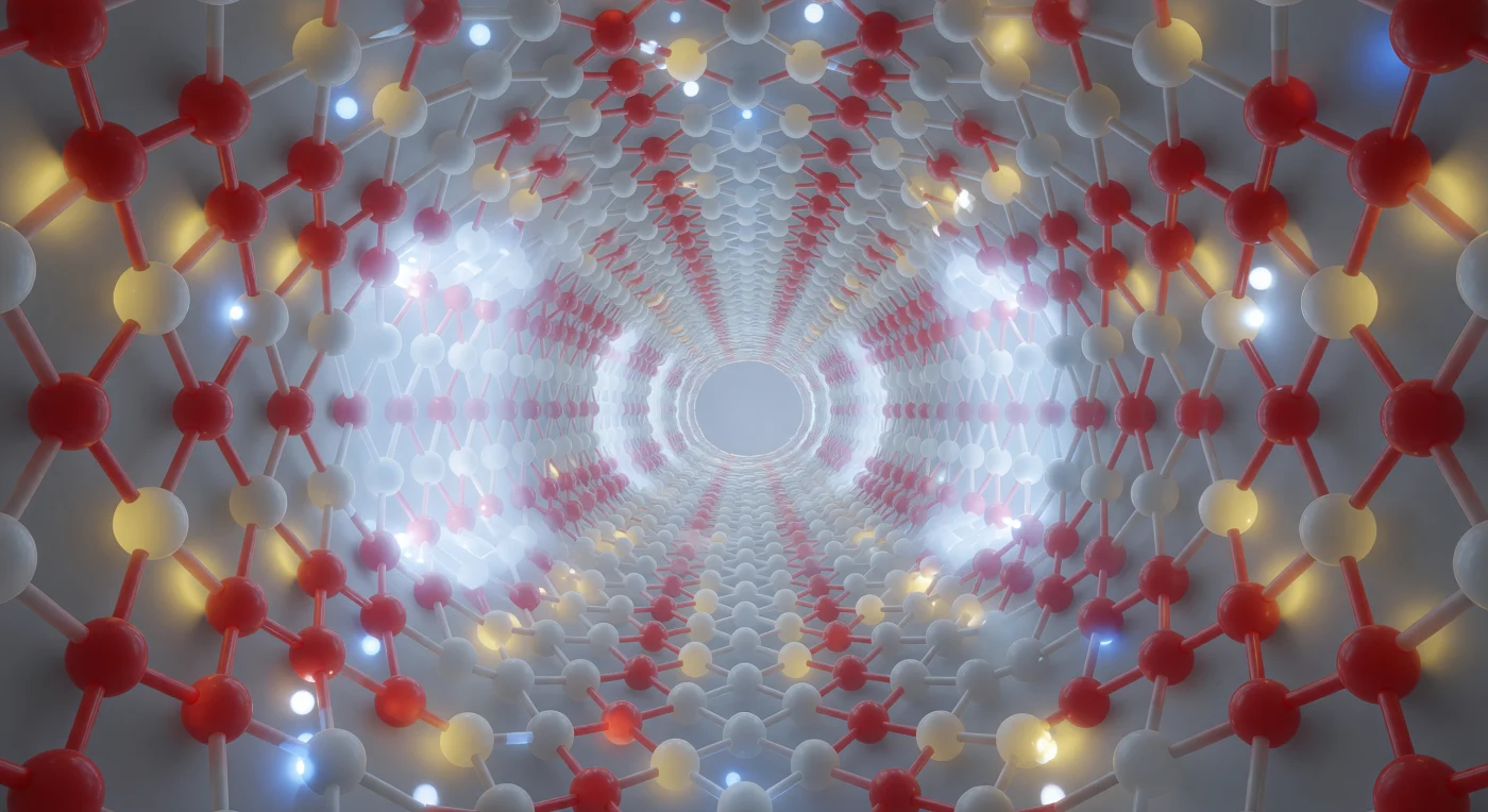 You are floating inside a crystalline labyrinth so narrow that the tunnel walls press in from every side at the distance of a single molecular diameter, the entire corridor — an ellipse barely 5.3 by 5.6 ångströms across — built from corner-sharing silicon-oxygen tetrahedra whose pale grey silicon nodes and vivid red oxygen bridges repeat with the unrelenting precision of a mineral crystal grown atom by atom over geological time. Ahead, successive ten-membered-ring portals recede in perfect perspective like the nave of a cathedral whose arches are made of covalent bonds rather than stone, and at a crossroads thirty ångströms forward, a second sinusoidal channel arrives at ninety degrees, creating a molecular junction where diffusing guests must squeeze through a bottleneck barely wider than a water molecule; scattered across these walls, intensely bright Brønsted acid sites mark the aluminum-substituted nodes where a single hydroxyl proton — a welding-arc pinpoint of reactivity — waits to protonate any hydrocarbon that approaches. ZSM-5 zeolite is a microporous aluminosilicate whose precisely engineered channel topology makes it one of the most commercially important catalysts on Earth, used industrially to crack petroleum and produce gasoline, its pore geometry exerting shape-selective control over which molecules can enter, react, and exit — a molecular sieve whose discrimination operates at the ångström level. Golden, space-filling hydrocarbon molecules pack the channel at near van der Waals contact with the oxygen-lined walls, their amber volumes conforming to the sinusoidal corrugation with an almost mechanical fit, held in place not by chemical bonds but by the cumulative whisper of London dispersion forces summed across an entire crystalline surface.