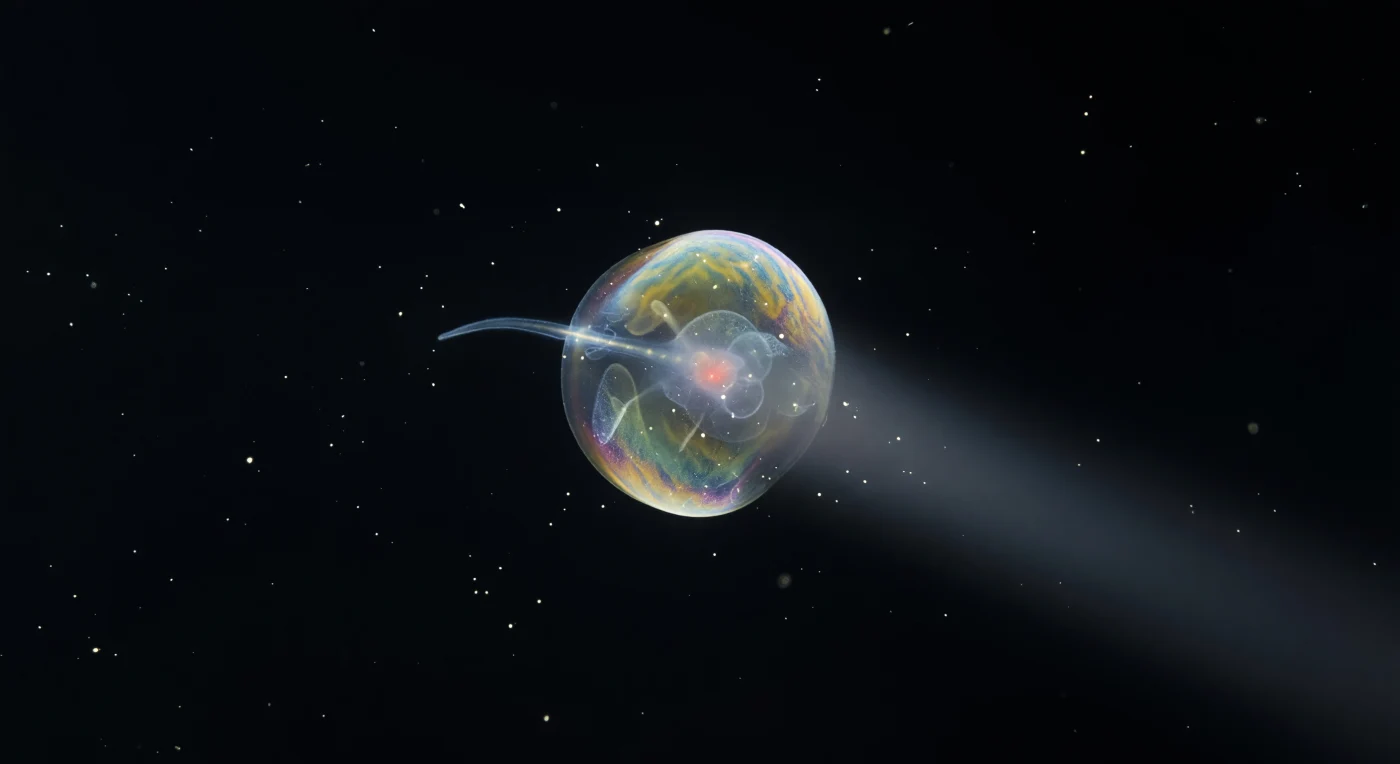 You are suspended in total oceanic blackness, five centimeters from a structure that barely exists — a three-centimeter sphere of mucopolysaccharide so optically matched to seawater that you perceive it only as a faint warping of the dark, a lens-like distortion at the threshold of nothingness, until an oblique LED beam finds its curved membrane and the entire house ignites in cascading interference color: pale arctic blue bleeding into amber gold bleeding into sea-foam green, bands shifting and reorganizing across the domed surface like a soap bubble inflated to the size of a grapefruit, each micron of mucus thickness producing its own spectral signature so that the iridescence breathes and trembles with every pulse of current. Beyond the illuminated crescent, the sphere falls into translucent shadow and the interior becomes briefly legible — a warm crimson heartbeat pulsing behind the larvacean's trunk wall like an ember seen through fog, and deeper still a glassy notochord rod sweeping in slow sinusoidal arcs that drive the hydrodynamic machinery of the entire house, each beat causing gossamer microfilter baffles of structured mucus to catch the beam and scatter it into a faint opalescent haze, revealing a nanoscale cathedral in gel that is simultaneously a functioning filter plant, a carbon pump, and a complete chordate life. Marine snow drifts across the beam in slow gravitational descent — detrital flakes of three to twelve micrometers flaring briefly white before vanishing back into the abyss — while the iridescent bands continue to reorganize across the membrane and the crimson heartbeat pulses on, quietly insisting that this barely-visible bubble of nearly-nothing has worked perfectly for five hundred million years.