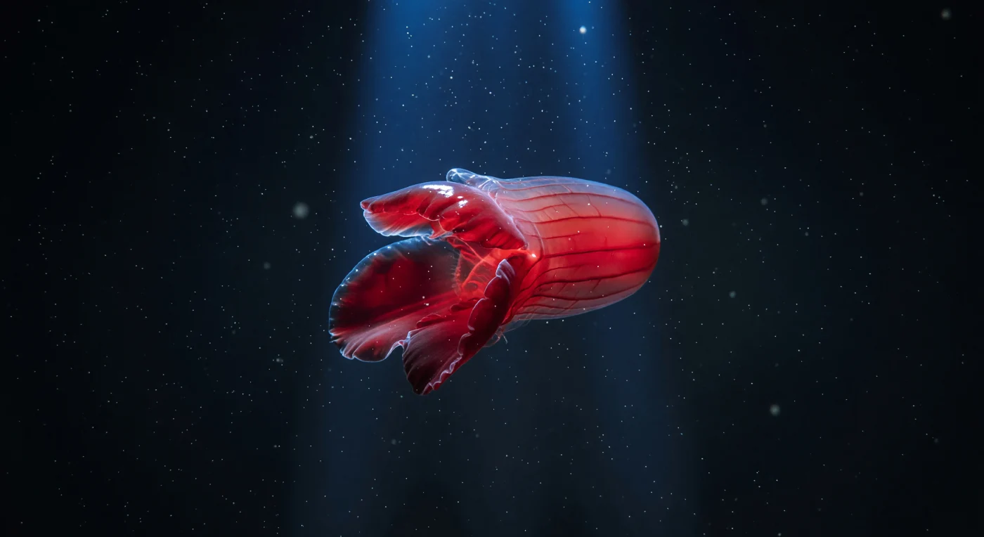You hover in absolute darkness a kilometer beneath the Pacific surface, weightless in near-freezing water, as the ROV's blue LED beam cuts through the void and strikes something that should not exist at this depth — a ctenophore the color of fresh blood, *Lampocteis cruentiventer*, suspended motionless in the water column like a dropped jewel. The animal belongs to the lobate ctenophorans, gelatinous predators whose bodies are composed almost entirely of mesoglea, a viscoelastic collagen-glycoprotein gel that is ninety-six percent seawater by mass yet holds its architecture with surprising structural integrity, the broad oral lobes hanging open and relaxed like the draped petals of a dark tulip, their wet surfaces throwing sharp cyan highlights where the blue beam strikes the uppermost rims before the light vanishes entirely into tissue so saturated with red pigment that no wavelength below 600 nanometers survives to reflect back. Eight comb rows — the defining feature of all Ctenophora, each a longitudinal series of compound ciliary paddles fused from hundreds of thousands of individual axonemes — trace faint topographic seams across the scarlet body, their plates too small to resolve individually at this distance yet collectively imposing a ribbed texture that catches the raking illumination along the animal's flanks. Marine snow drifts continuously through the cone of light, particles of biogenic detritus on slightly diverging vectors in the ambient deep current, giving measurable depth and scale to water so dark it is otherwise indistinguishable from the inside of a closed eye, while the ctenophore blazes at the center of the beam as though generating its own red light — a body the size of a human fist, sovereign in a desert of cold pressure and absolute black.