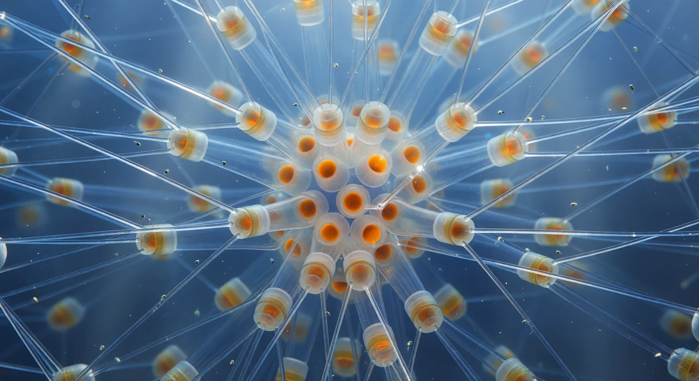 You are suspended inside the geometric heart of a *Chaetoceros* colony drifting in open ocean, surrounded in every direction by hollow silica setae—each needle nearly transparent, no thicker than spun quartz, extending from stacked cylindrical cell bodies in interlocking X-lattices that recede into cold indigo haze. These bristles are biogenic glass: amorphous hydrated silica (SiO₂·nH₂O) deposited by living cells within membrane-bound vesicles, their walls so thin that ambient oceanic blue passes clean through them, broken only by bright hairline caustics where curved surfaces concentrate filtered sunlight into white-gold filaments suspended between the struts like trapped stars. At the colony's dense core, resting spores glow with a deeper, more saturated amber—heavily silicified spheres whose thickened valves scatter light diffusely, warm embers of organic density anchoring the crystalline scaffolding—while the cylindrical cell bodies ringing them reveal their fucoxanthin-rich chloroplasts as burnt-sienna warmth pressed against frosted girdle rings stacked like sections of translucent glass tubing. Nanoscale flagellates drift between the setae on invisible currents, each a pale grey-green mote catching light for a single instant as it turns, the water itself carrying a faint milky haze of dissolved organics and silica debris that softens the far background into gradients of cerulean and slate—the whole structure reading as a living chandelier of biogenic glass, an architectural interior whose microscopic truth is entirely lost from the outside world.