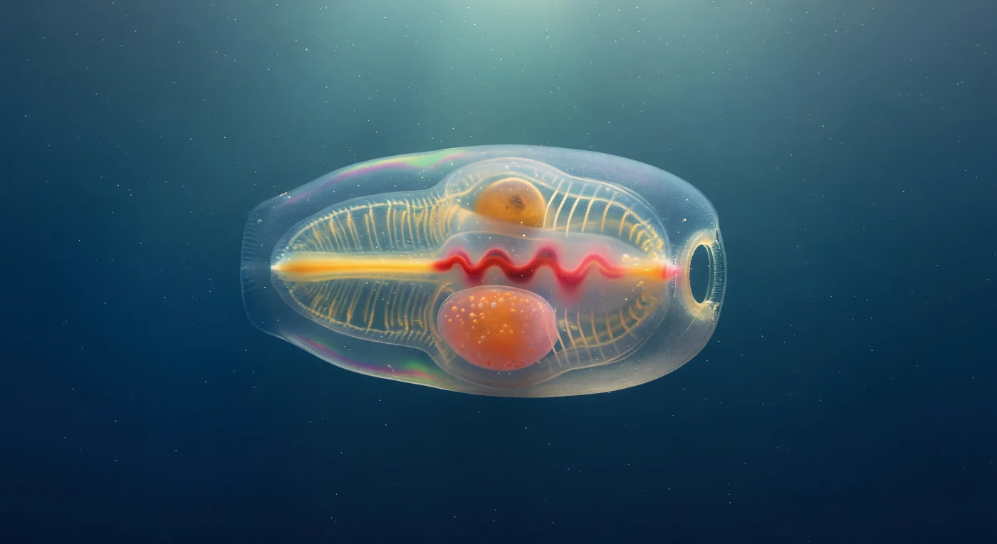 You are suspended two centimeters from the anterior face of a living *Pegea confoederata*, a solitary salp roughly eight centimeters long, drifting at forty meters depth in the tropical Atlantic where diffuse noon light descends as a soft, directionless cathedral radiance from the entire ocean sky above. The tunic wall surrounding you is so nearly identical in refractive index to the seawater itself that it announces its presence only as the faintest curved thickening of space — a skin of biological gel stretched taut and smooth as polished crystal, its boundary perceptible more as a subtle bending of the blue-green background than as any true surface. That backlight passes straight through the organism, converting it into a luminous still life: the pharyngeal basket glows with warm amber-gold iridescence as its continuously secreted mucous net — a filtering silk finer than any human manufacture, capable of capturing bacteria invisible to the naked eye — scatters transmitted light across the full width of the barrel, while the endostyle traces a bright ventral stripe of dense glandular amber from end to end like a vein of warm resin lit from within. At the body's center, three millimeters of crimson heart contracts in slow, perfectly visible peristaltic waves every half-second, its color shifting from dark arterial red at systole to translucent rose at diastole, each pulse propagating a faint ripple of compression through the surrounding gel, and beside it the orange-pink gonad reveals individual pale oocytes as faint translucent spheres embedded in warmer tissue — the entire architecture of a chordate life held in suspension inside a barrel of frozen seawater, organized by evolution into a glowing transparency that is, by any physical measure, almost indistinguishable from the ocean that contains it.