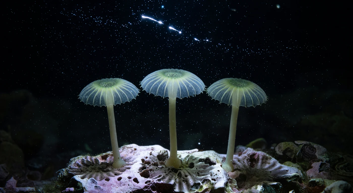 Three pale stalks rise from the limestone crust before you, each one a single living cell standing as tall as you are wide, their umbrella caps fanning open in precise radial segments like lace cut from frosted sea-glass. Between the irregular cascades of bioluminescent streaks fired by panicked dinoflagellates sweeping through the water column above, the only light in the world is the faint grey-green phosphorescence bleeding outward from within each stalk — chloroplasts suspended in cytoplasmic gel, glowing like foxfire seen through ivory, the thinnest cap margins luminous where the membrane barely holds. When a streak arrives — a sharp, chemical-blue crack through the particulate Mediterranean darkness — raking illumination transforms the caps into architectural sculptures, their radial ribs casting hard-edged shadow-stripes down the stalks and briefly revealing the granular interior fog of a single cell's living organization before absolute darkness swallows the scene again. Each of these organisms is not a colony or a tissue but one continuous cell, its single enormous nucleus resting in the rhizoid holdfast below as a barely perceptible pale node against the encrusted rock, the entire cytoplasm streaming in slow invisible currents through a body visible to the naked eye. The water itself participates — dense with suspended microaggregates that catch each bioluminescent burst as a slow-motion galaxy of sparks — and time here is measured not by any internal clock but by the random panic of invisible organisms above, their flight becoming, briefly, your only sun.