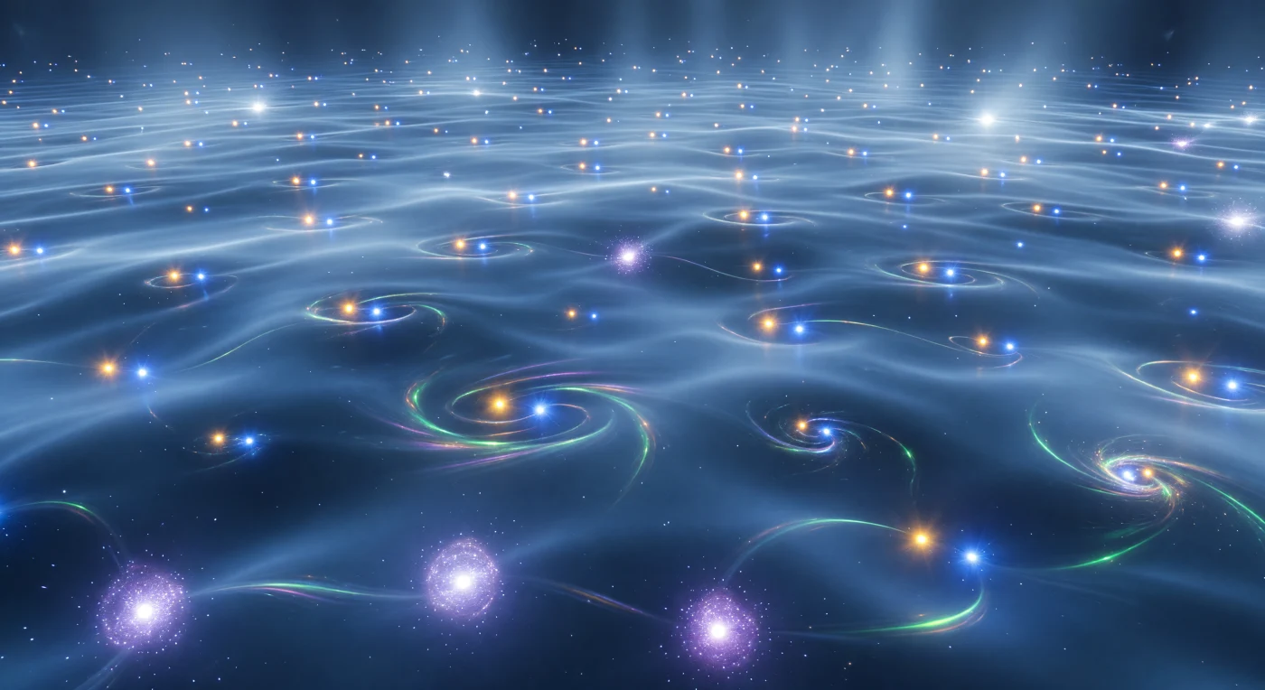 Every direction is filled with a cold blue-white haze that is not emptiness but the restless activity of the vacuum itself, a volumetric field shimmering with zero-point energy. Within it, paired flashes of amber-gold and cobalt-blue appear, spiral briefly around one another in tight luminous curls, and vanish in sharp violet-white gamma bursts that leave no trace behind. The scene feels immense despite its tiny physical domain, as if you are standing inside a three-dimensional aurora made of electromagnetic fluctuations, where the background is always breathing and every bright event is a fleeting rearrangement of the fields of space.