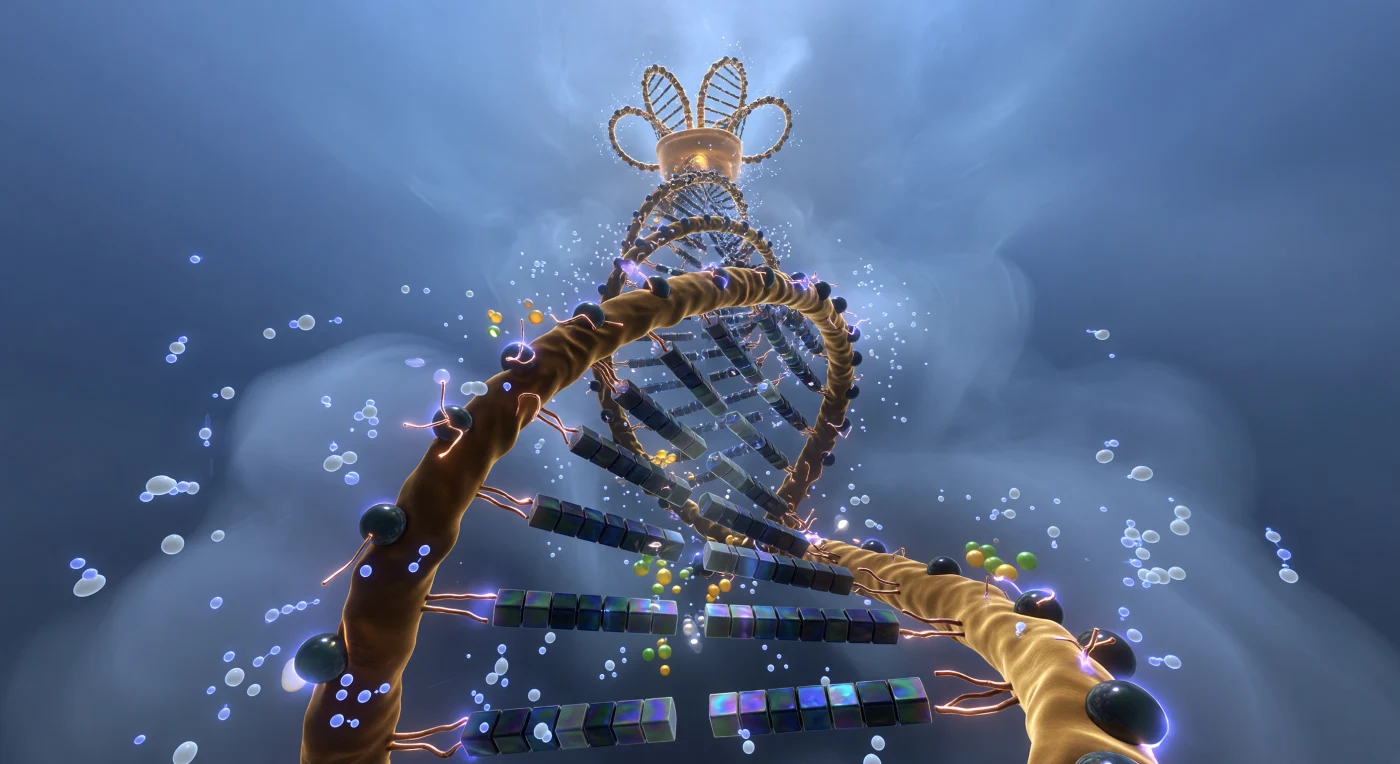 Looking up from below the stem base, you are confronted by a spiraling tower of interlocked amber and copper rings that fills the entire sky above — the A-form double helix of an RNA hairpin, its geometry noticeably more compact and inclined than DNA, its 2.3-nanometer width tapering as it climbs through layered aqueous haze toward the baroque flowering crown of the GNRA tetraloop far overhead. The ribose-phosphate backbone rises in two intertwined strands of burnished bronze-ochre, each ribose unit bristling with a small copper-bright 2'-hydroxyl antenna — those outward-pointing oxygen groups that chemically distinguish RNA from DNA, vibrating softly within their local energy wells and catching the ambient light with a warmer glow than the surrounding solvent. Crowding in from every direction, water molecules manifest as semi-translucent opalescent spheroids in perpetual agitated motion, their oxygen atoms flickering with cold blue sparks, while sodium ions streak past as hard silver-white points trailing brief hydration wakes and magnesium ions hover in warm gold-green clusters close to the phosphate groups, electrostatically tethered to the backbone's dense negative charge. The base pairs stacked within the minor groove above are dark iridescent sheets of guanine and cytosine whose pi-stacked aromatic electrons delocalize across neighboring rings in shimmering plum and teal, and the whole structure vibrates invisibly at femtosecond rhythms even as this instant holds it in monumental, luminous stillness.