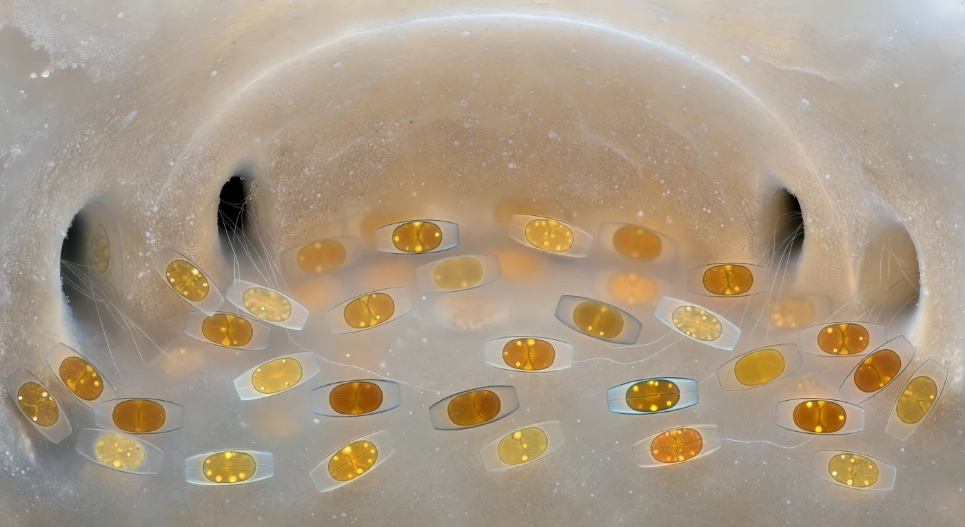 You are suspended inside a vaulted calcite chamber roughly the width of a human hair, the curved cream-white walls rising around you like the nave of a Romanesque cathedral, their surfaces faintly granular where individual calcite crystals form a mosaic of buff and ivory at this resolution. The calcite is softly translucent rather than opaque, transmitting a diffuse warm glow from the sunlit carbonate sand world outside, so the chamber seems lit from within its own walls — a sourceless ambient luminescence that edges every surface with a pearlescent halo and turns the dark pore openings into pure black archways through which pale pseudopod threads extend like drawn glass filaments into the open seawater beyond. This is the interior of an Amphistegina foraminifera test, a single calcified chamber among many in the multi-chambered shell architecture of this benthic protist, and the pale beige-gray cytoplasm filling the lower space is not inert — it is a living gel maintaining active pseudopodial networks that exchange gases, nutrients, and signals with the surrounding reef environment. Settled throughout this cytoplasm like passengers at rest are the Nitzschia symbiont diatoms, each one a slim pennate frustule of biogenic silica 20–40 micrometers long, their valve margins returning the filtered light as a barely-there silver-blue interference shimmer, while their interiors glow with the deep amber warmth of fucoxanthin-rich chloroplasts — broad lobes of photosynthetic pigment the color of old honey held to candlelight, sequestered here in non-motile productive calm, sheltered from the turbulence of the water column by walls of stone the foraminifera built around itself one ion at a time.
