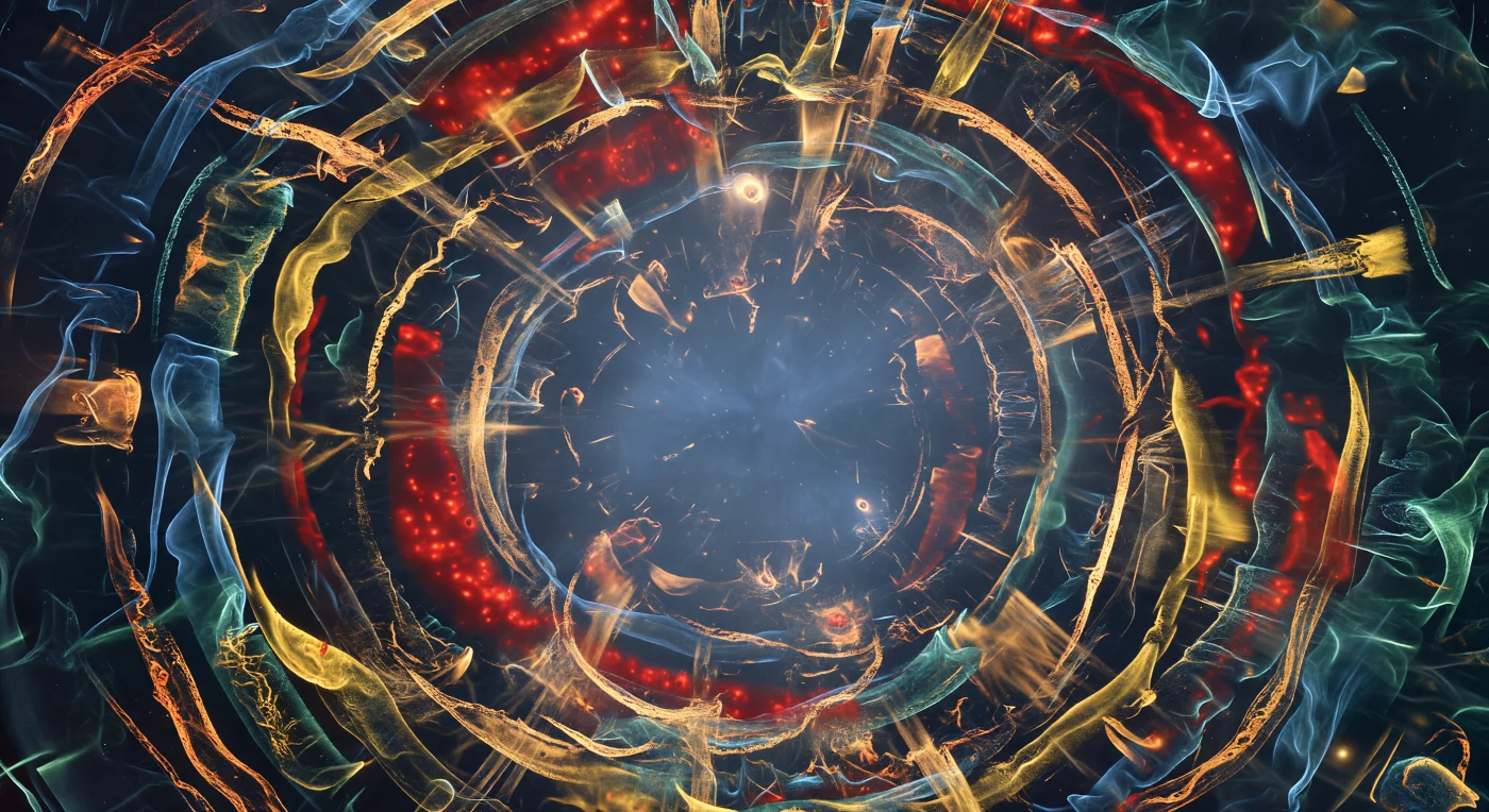 You are suspended within a three-dimensional wreckage of nuclear history, surrounded on every side by chemically segregated light — cold blue-green oxygen and neon filaments billowing outward in Rayleigh-Taylor fingers whose edges are sharp luminous contours rather than gradients, backed by sulfur ribbons burning in deep amber, silicon sheets radiating saturated brick-red, and dense iron knots blazing ahead of everything else in pale copper-gold, each element occupying its own spatial shell defined by where it was forged during the final seconds of a massive star's collapse. This is Cassiopeia A, a supernova remnant roughly ten light-years across, its expanding ejecta the direct product of explosive nucleosynthesis — the very process by which the universe manufactures everything heavier than iron — now radiating its chemical identity as color across a fragmented topology moving outward at thousands of kilometers per second. The interior of the shell dissolves inward toward a sourceless steel-blue synchrotron glow, the electromagnetic signature of relativistic electrons spiraling through the magnetic field left by the annihilated star, marking the cavity where a stellar core once existed. No darkness is present anywhere — each filament is its own emitter, and their combined light fills the interior from every direction simultaneously, so that shadows are absorbed into multicolored luminosity and depth is measured only by the geometric recession of identical glowing structures diminishing across light-years of near-perfect vacuum. You exist inside the still-expanding record of a single stellar death that occurred in the seventeenth century as seen from Earth, now frozen in this instant as layered elemental fire.