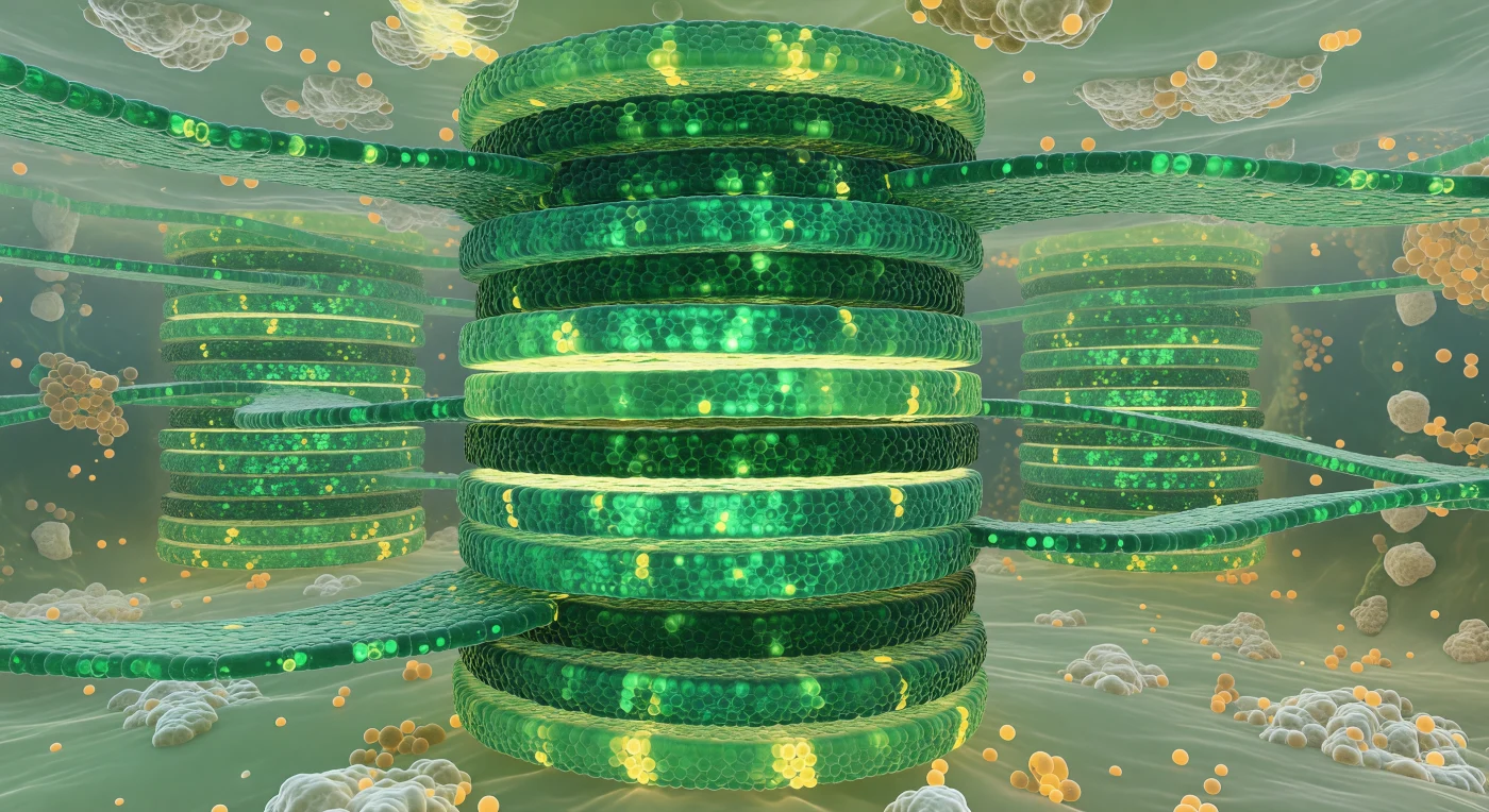 Before you rises a tower of impossible precision — fifteen thylakoid discs stacked in strict register, each one a dense, corrugated slab of emerald-green membrane whose surface roughness resolves, at close range, into a near-continuous cobblestone mosaic of photosystem II and light-harvesting complex heads pressed outward through the lipid bilayer, their chlorophyll-laden protein arrays absorbing incoming quanta and bleeding back a faint warm luminescence. Between each disc, thin lemon-yellow lumen gaps separate the membranes like luminous mortar joints, their acidic interiors hazed with diffusing protons migrating down an electrochemical gradient that is the molecular heartbeat of photosynthesis. Stromal thylakoid lamellae extend horizontally from the base of the stack like emerald ribbons curving away into the gel-like stroma, physically connecting this granum to neighboring towers and ensuring that electron transport chains embedded in geographically separate membranes remain electrically and chemically continuous. The stroma surrounding you has the quality of a luminous, opalescent fog — densely packed with irregular pale masses of RuBisCO complexes on every sightline, and punctuated by small amber plastoglobuli whose lipid-rich surfaces catch the omnidirectional chlorophyll-filtered glow and warm it into honey-gold. The entire scene is lit not from without but from within, each membrane layer both absorbing and re-emitting light so that the atmosphere itself seems to breathe.