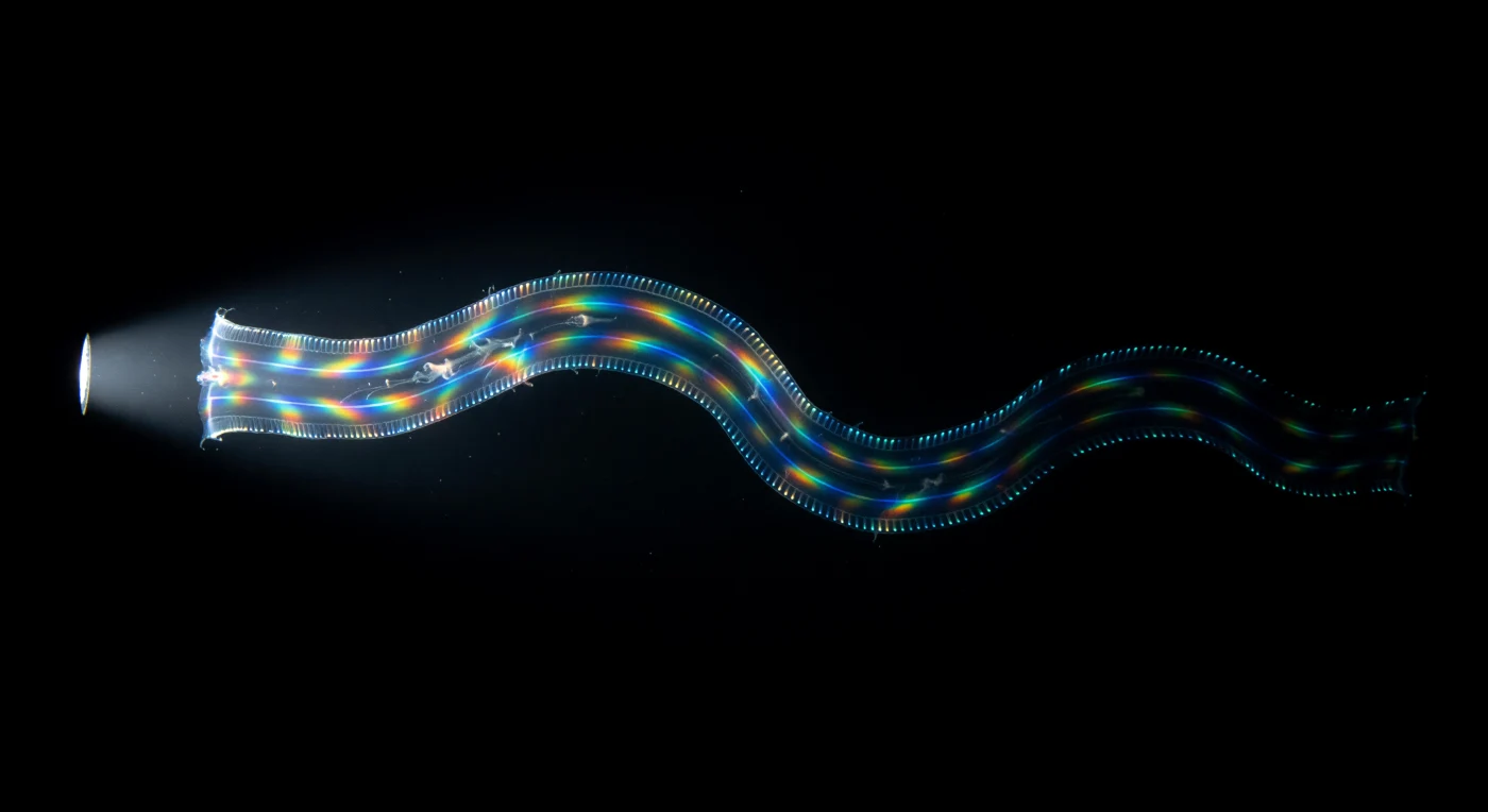You hang suspended in absolute blackness, weightless in body-warm tropical water, and from the void a ribbon materializes — sixty centimeters of *Cestum veneris*, the Venus's girdle, flexing through your field of view in a single long sinusoidal standing wave, its gelatinous body so perfectly refractive-index-matched to seawater that you perceive it less as a solid object than as a slight lensing of the dark, a membrane that separates one emptiness from another. What betrays the animal entirely are its four comb rows, the defining architecture of all ctenophores — parallel seams of compound ciliary plates running the ribbon's full length, each plate a fused array of thousands of individual cilia beating in antiplectic metachronal waves at up to thirty-five cycles per second, and every pulse triggering the photocytes beneath to fire their cold luciferin light at 490 nanometers, so that the creature outlines itself in traveling blue-green foxfire against impenetrable black ocean, a slow-breathing waveform of bioluminescence tracing every sinuous flex. Then your flashlight strikes the ribbon broadside, and the comb plates transform instantly from bioluminescent seams into diffraction gratings in violent motion — the mechanical spacing of thousands of beating cilia refracting white light into its full spectral components simultaneously, red bleeding into gold into cobalt into violet across the satin-clear width of the body, the entire color sequence scrolling in a strobing cascade as the metachronal wave advances, a spectral banner unfurling and re-furling in real time against a substrate of mesoglea so water-clear it reads as structured void. The animal undulates back into darkness, the flashlight colors vanishing as it exits the beam, and those four cold blue-green lines re-emerge as the only evidence of continued existence — narrowing, slowing, fading — until the ocean reclaims them completely and the water presses back in around your face, warm and dark and unmarked.