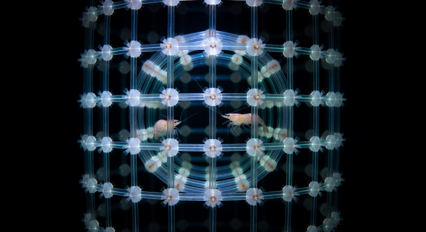 Before you, in absolute deep-sea darkness, rises a tower of living glass — the skeletal lattice of *Euplectella aspergillum*, a hexactinellid sponge whose silica spicules are fused at every intersection into a single rigid syncytial whole, the repeating chequerboard geometry so precise it reads as engineered rather than grown. The silica itself functions as true optical fiber, channeling the faint bioluminescent light of the surrounding water along the interior of each rod until the entire mesh glows cold blue-green from within, every spicule a self-luminous filament suspended in blackness, the cumulative structure a Gothic nave built from spun glass. Looking through the lattice wall, concentric shadow grids multiply inward as each cylindrical layer refracts and re-casts the luminescent geometry, while fractured spicule cross-sections at the nearest nodes reveal concentric lamination rings — pale growth bands in biosilica deposited around an organic protein template, the material transitioning from faintly amber at its dense core to glacial white at the outer sheath. Deep within the atrium, two commensal shrimp drift as warm amber-pink silhouettes rendered semi-transparent by the interior glow, living stained-glass figures sealed inside their cathedral for life, the full weight of the water column above communicated not by any sensation but by the perfect stillness of everything and the absolute darkness beyond the structure's halo.