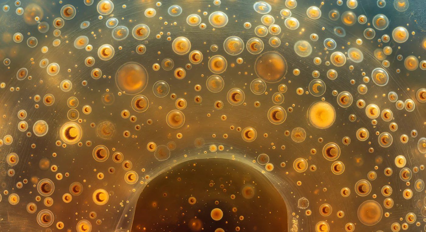 You are suspended within the living interior of a colonial Collodarian's calymma, a trembling amber gel that presses around you with the soft, total intimacy of warm honey — neither liquid nor solid, but a viscoelastic ectoplasm threaded through with barely visible glycoprotein filaments that catch the light like frost on glass. In every direction, zooxanthellae hang motionless in suspension, warm golden-brown spheres of ten to fifteen microns each, stabilized against settling by the gel's own resistance to flow and quivering only with the ceaseless nanometer-scale whisper of Brownian motion; within the nearest cells, C-shaped dinokaryotic nuclei curve like amber crescents, their condensed chromosomes permanently visible as a consequence of the permanently condensed state unique to dinoflagellate chromatin. Scattered among the symbionts, lipid vacuoles swell to thirty or forty microns — enormous clear spheres that refract the ambient light into bright crescents and cast golden caustic rings onto whatever floats behind them, serving the colony as both buoyancy organs and light-concentrating lenses that funnel photons deeper into the symbiont cloud. Far above, diffuse ocean light filters down through the colonial matrix and is transformed layer by layer into the deep amber luminescence filling this space, the photosynthetic pigments of countless zooxanthellae — fucoxanthin, peridinin, chlorophyll — absorbing the blue and remitting chemical energy that flows outward as carbon fixed in the sun-warmed gel. The curved wall of the central capsule looms at the edge of visibility, a sealed organic membrane where ectoplasm ends and endoplasm begins, enclosing the nucleus and silica-deposition machinery in a world you cannot enter — a boundary between two cellular continents, dark and absolute.