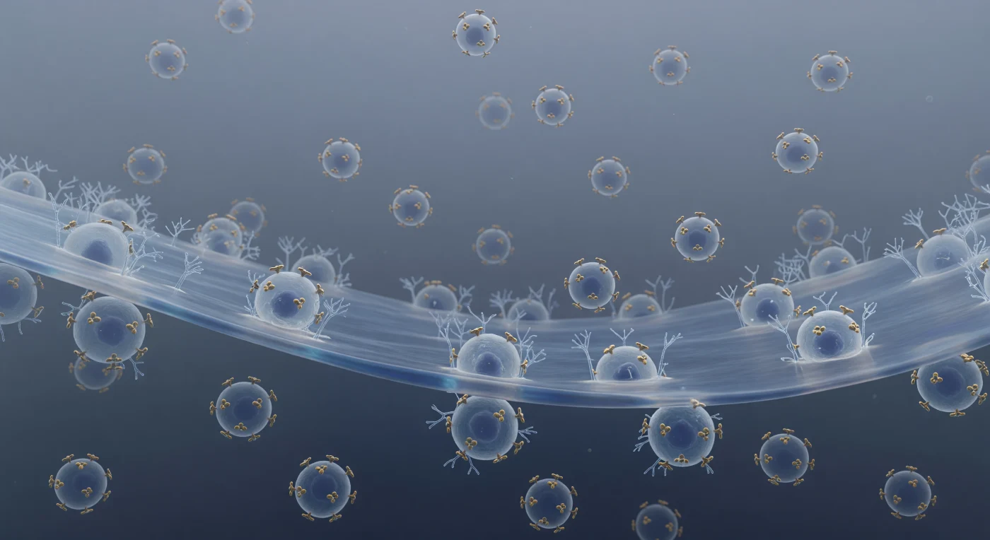 You are suspended in the extracellular fluid just beyond the boundary of a human T-lymphocyte, and the world around you is defined not by light but by mass, chemistry, and the slow inevitability of molecular drift. The plasma membrane curves away in every direction like the cliff face of a deep-ocean trench — its surface an undulating slate-blue interrupted by the enormous crowns of CD4 receptors and the translucent, carbohydrate-tipped fronds of the glycocalyx, which blur the hard edge of the cell into a zone of increasing molecular density, like silt rising from a seafloor. Dozens of HIV-1 virions drift through the faintly translucent extracellular fluid in Brownian suspension around you, each one a softly glowing sphere roughly 120 nanometers across, its interior a smoky blue-gray housing the faint cone-shaped shadow of a condensed capsid core, its outer envelope studded with trimeric gp120-gp41 spike complexes rendered in burnished gold — the only warmth in an otherwise cold, directionless cryo-EM luminescence that emanates from nowhere and everywhere at once. The closest virions have begun drifting into the glycocalyx forest, their gold spikes extending toward CD4 anchoring sites with a proximity that reads as inevitability: the first molecular handshake of viral entry, playing out in a medium where Brownian noise, receptor affinity, and diffusion gradients are the only forces that matter. Beyond them, more virions dissolve progressively into the pale haze of dissolved glycoproteins, their gold trimers reduced to faint warm sparks fading into the pearlescent murk of a fluid world with no photons, no shadows, and no indifference — only chemistry.