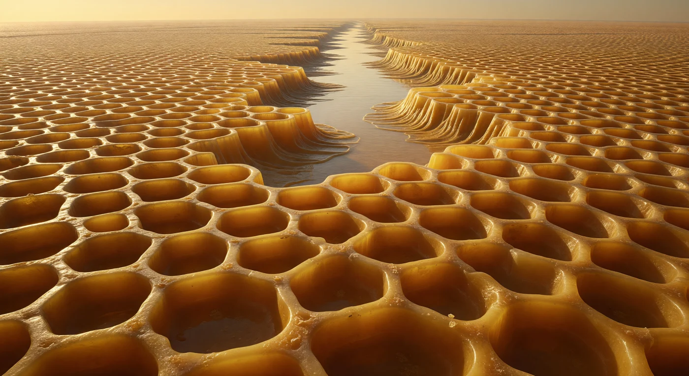 You stand at ground level on a world constructed entirely of interlocking amber walls, their material sporopollenin — one of the most chemically resistant biopolymers known to biology, capable of surviving millions of years in sediment without degradation — shaped here into a continuous reticulate lattice of ridges enclosing irregular polygonal basins each a few micrometers across, the whole architecture pressed outward from the surface of a single rose pollen grain no wider than a human red blood cell is long. Each raised murus curves with a geological honesty, its inner and outer slopes shadowed unevenly by raking illumination that autofluoresces gold from within the polymer itself, pooling warm ochre in the lumina and brightening each crest to pale honey. Running from horizon to horizon across the mid-distance, a colpus groove interrupts the mesh — a germinal aperture where the exine thins toward translucency, structurally predestined as the site where the pollen tube will eventually breach the wall to deliver its cargo — its floor smooth and reflective against the textured geometry surrounding it on all sides. The reticulate exine sculpturing visible here is not decorative but taxon-specific, its pattern determined during microsporogenesis by the geometry of the callose-walled tetrad in which the grain matured, each ridge crystallized under competing pressures into this imperfect, irreproducible equilibrium. Clarity is absolute at this scale: no moisture, no atmospheric scatter, only the sharp geometry of a fossilized architecture that evolved to protect a living cell across distances measured in meters while its internal machinery operates in nanometers.