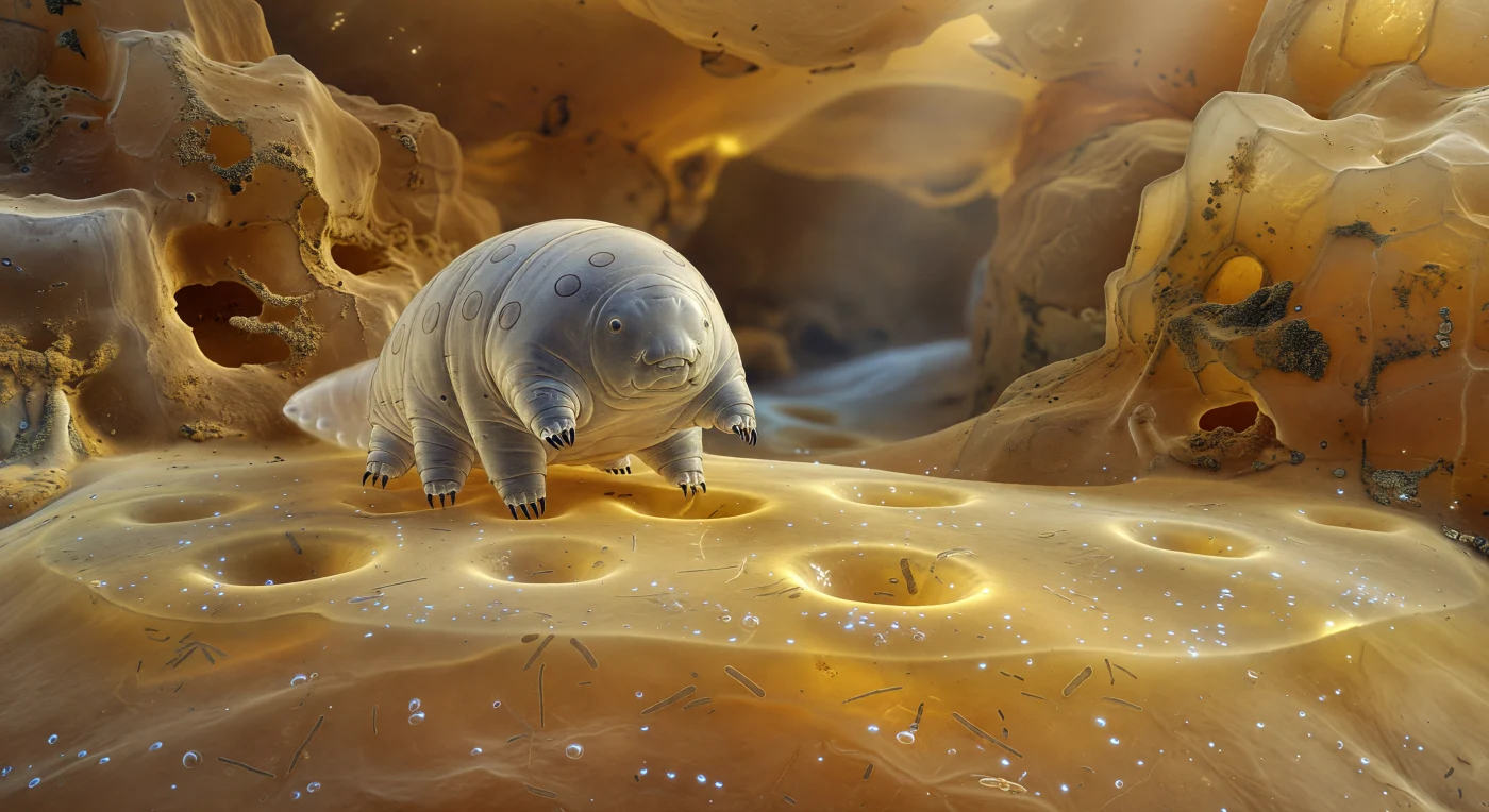 You are crouched at biofilm level, face-to-face with a creature whose barrel-shaped body fills your field of view like a pale luminous boulder — a Stygarctus tardigrade, roughly 400 micrometres long, moving with the unhurried deliberation of something that has never needed to rush. Its semi-transparent grey-blue cuticle reveals faint annular bands of circular musculature beneath, dark hoops visible through the pearl-like integument, while four grounded lobopods compress the amber extracellular polymeric substance layer into shallow craters, each cluster of curved claws sinking into the viscoelastic biofilm gel with the grip of grappling hooks — the claw tips vanishing below the golden meniscus as the EPS deforms and holds. The biofilm itself is the dominant material of this world: a continuous undulating sheet of amber-gold EPS secreted by the resident bacterial and diatom community, its matrix studded with silica diatom frustules that scatter the raking light into pale blue-white glints, while rod-shaped bacteria resolve as dark threads crossing the gel like veins in polished amber. Flanking the tardigrade, two quartz grains rise into the frame like sandstone mesa walls, their conchoidal fracture surfaces rough at this scale, their crests swept translucent caramel where the biofilm thins, while between them a pore-space corridor recedes into cool blue-grey shadow — interstitial water pooling in the throat beyond, a reminder that this gilded, cathedral-like surface opens immediately into a dark labyrinthine architecture of grain and void.