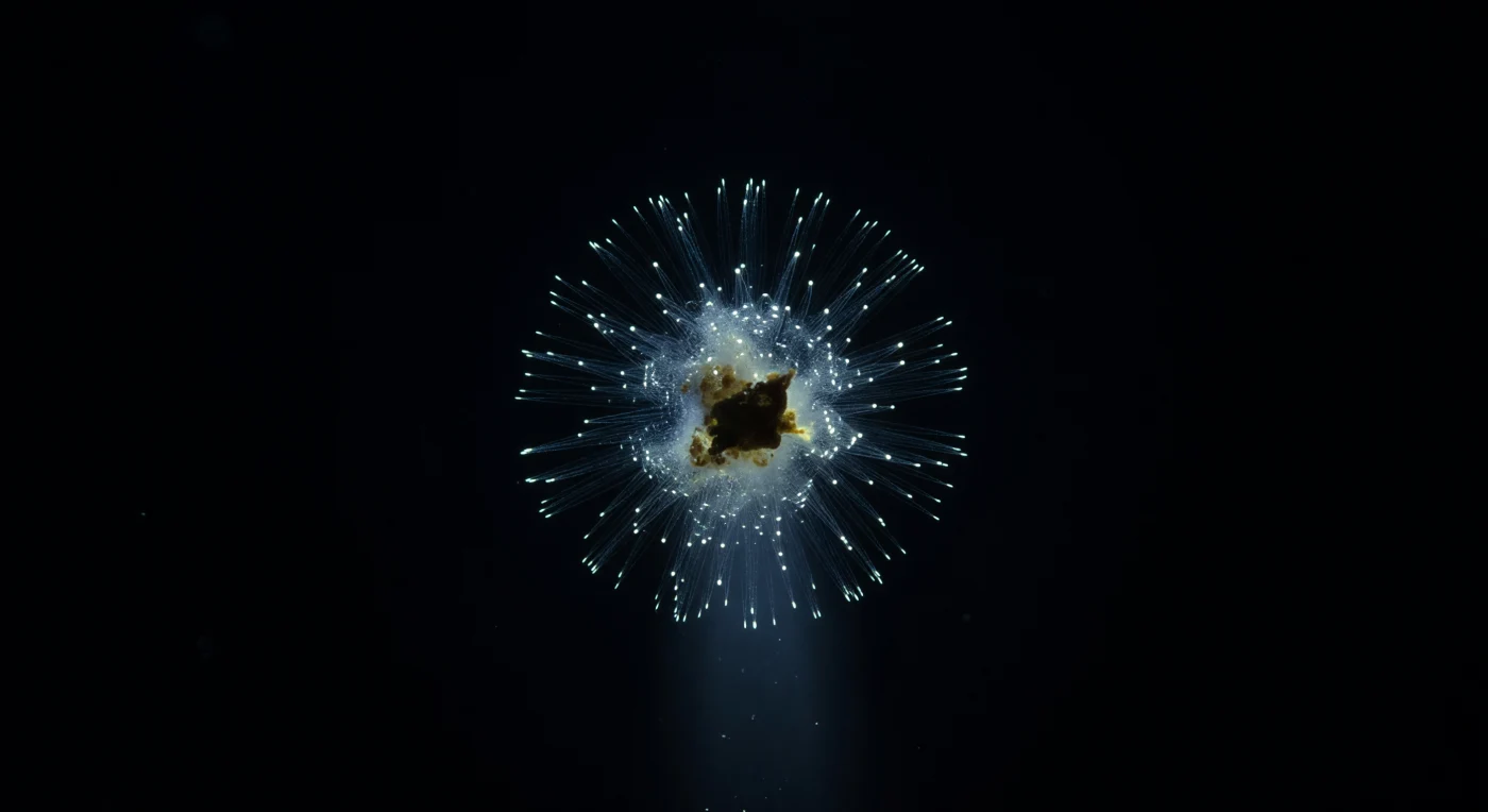 You hover in absolute darkness two thousand meters below the surface, your entire existence compressed to five hundred microns of cold saltwater, and a narrow cone of blue-white light cuts through water so clear it has no color — only depth — until *Aulacantha scolymantha* resolves at the beam's edge, its five hundred hollow siliceous spines fanning outward in every direction like the arrested explosion of a glass chandelier, each translucent tube conducting your spotlight inward and leaking it back out at the distal tips as cold fiber-optic pinpoints, a spherical constellation of pale blue-green coordinates scattered across otherwise empty water. At the organism's core the phaeodium sits like a bruise — an opaque, dark-brown mass of partially digested material dense enough to block light entirely, giving the cell an unsettling interior weight, while around it the capsular wall is barely legible as momentary silver threads of opaline mineral, architecture present only as inference and glint, the frothy ectoplasm beyond studded with vacuoles that scatter the beam into a soft aureole of diffuse cold luminescence between the dark nucleus and the radiating spine-field. This is a phaeodarian radiolarian, belonging to a lineage that exchanged the pristine mineral lattices of its polycystine relatives for this darker, more organic body plan — the phaeodium itself a uniquely derived organelle, a communal waste-and-reserve mass shared across the extracapsular cytoplasm, the hollow spines not merely skeletal struts but functional light guides evolved in a world where the only photons are bioluminescent and therefore worth capturing. The void beyond the illuminated halo is not merely dark but structurally dark, a material the light tests and fails to enter, the beam falling off into black with no scattering horizon and no floor, the glowing spine-tips the only coordinates in a space that otherwise refuses to be measured.