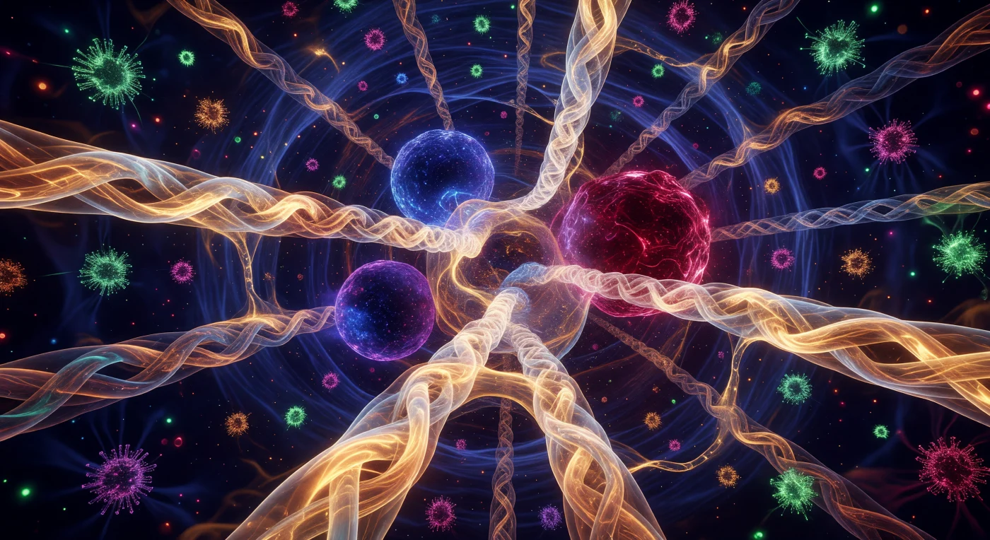 Inside the proton’s core, three luminous quark nodes hover in a storm of confined color charge: two cobalt-blue and one deep crimson, each with softened edges that blur into probability rather than hard matter. They are tied together by writhing amber-gold flux tubes, the strong force made visible as tensioning strands of gluon field that continually shudder, thicken, and rebraid as energy is redistributed through the confinement network. Around them, the indigo gluon sea never settles into darkness; instead it flickers with fleeting emerald-magenta virtual quark pairs that nucleate and vanish almost instantly, leaving only layered gradients and no shadows. The immersion is total and intimate, as if the viewer is suspended within the proton’s living interior, where scale is measured not in distance but in pulses of imprisoned energy and the restless geometry of fields.