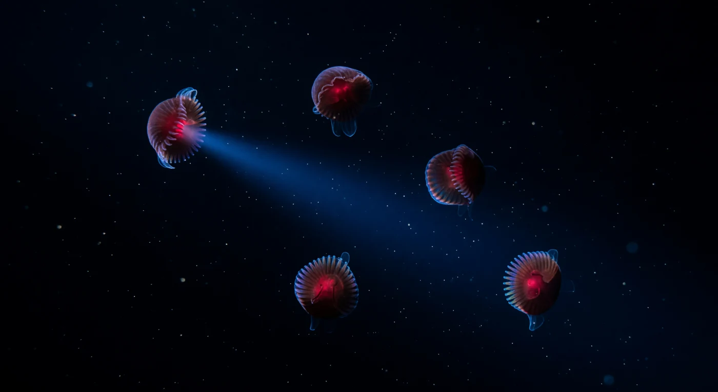 The ROV's blue LED cuts through four hundred meters of absolute darkness and the water column assembles itself in an instant: a slow constellation of marine snow drifts downward through the beam like white ash suspended in cold amber, and within it, materializing from nothing, the deep wine-red forms of *Bathocyroe fosteri* hang in loose proximity, their lobate bodies shaped like folded velvet lanterns burning crimson against a void so complete it feels less like the absence of light and more like the negation of space itself. These are lobate ctenophores — soft-bodied predators built almost entirely of mesoglea, a viscoelastic gel of collagen and water whose refractive index so closely matches seawater that the animals are optically invisible in ambient conditions, their deep pigmentation an adaptation that prevents bioluminescent flashes from silhouetting them against the faint downwelling light above. Under the 470-nanometer beam, the eight comb rows running longitudinally along each body surface act as living diffraction gratings — thousands of compound ciliary plates fragmenting the blue light into metachronal pulses of violet, teal, and amber that sweep the body in slow electric ripples, pure structural color with no chemistry involved, the physics of light encountering precisely spaced biological architecture. The marine snow filling the illuminated volume — loose aggregates of mucus, fecal pellets, and bacterial colonies, each fleck a millimeter or two across, sinking at roughly a meter per minute toward the sediment below — gives the scene its spatial depth and its strange patience, nearer particles sharp and white, distant ones dissolving into gray suggestion, everything moving with the unhurried certainty of a world accustomed to never being watched.