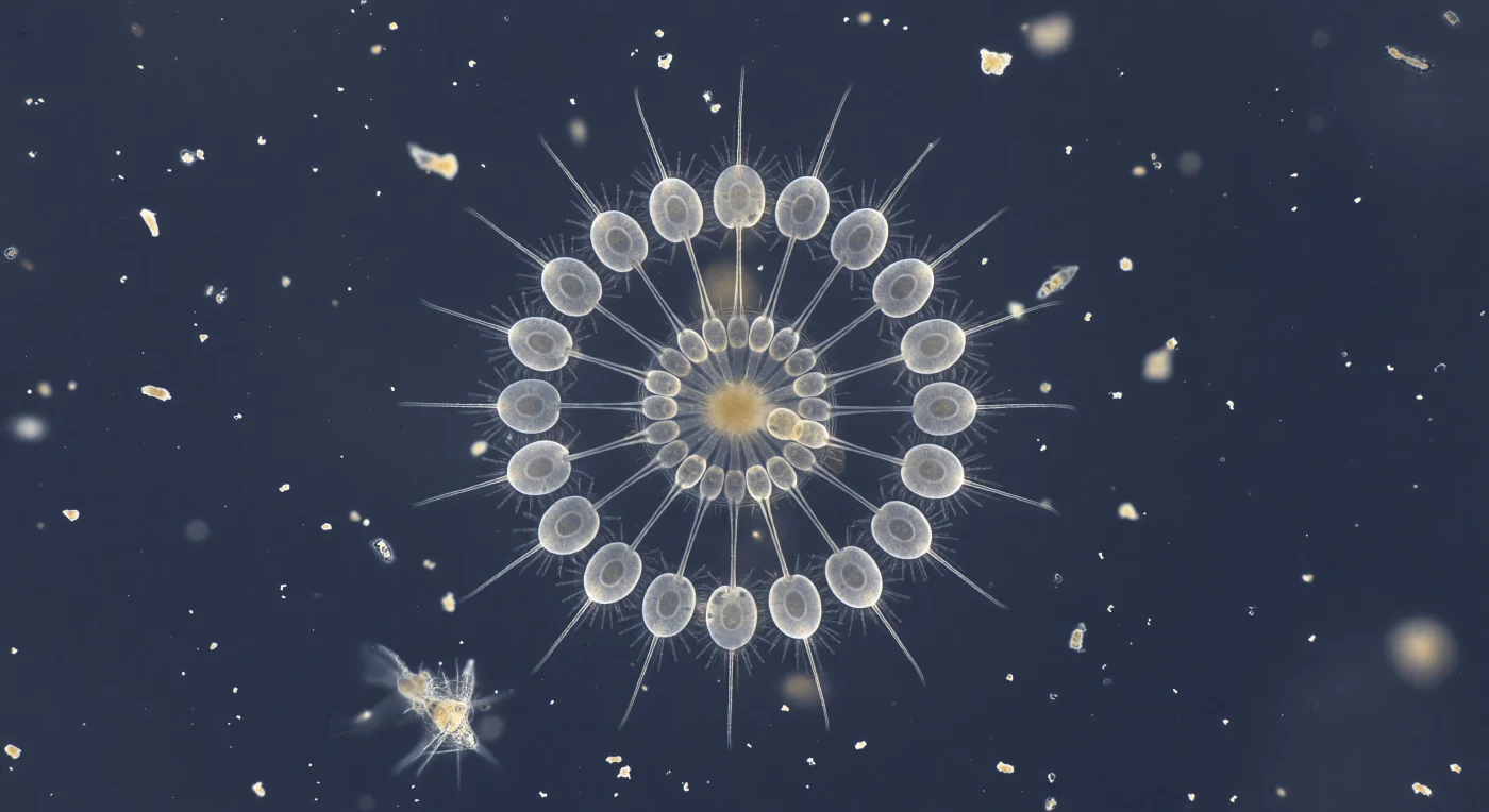 Suspended in open water at the scale of a large bacterium, you face a structure that fills your entire visual world like a slowly turning chandelier moon — a 32-cell rosette colony of *Salpingoeca rosetta*, roughly forty micrometers across, floating free in the faint blue-black depth of estuarine water. Each cell body is a plump, slightly translucent ovoid rendered in the cool achromatic silver-gray of differential interference contrast, its nucleus visible as a denser ellipsoid within, and from every distal pole a flagellum extends outward — fifteen to twenty micrometers of trembling silver filament, too fine to resolve as a solid rod but unmistakably present, thirty-two of them radiating simultaneously to give the colony the electrified silhouette of a sea urchin frozen mid-breath. The basal poles of all cells converge inward along barely visible cytoplasmic bridge threads — the intercellular connections that make this not a loose aggregate but a coordinated multicellular entity — terminating at a warm amber core of extracellular matrix that glows with faint internal translucence, the only warm tone in an otherwise cool, near-monochrome palette. At the two-o'clock position one cell is mid-division, its body pinched into a peanut form with offset nuclear shadows marking the coming separation, a live record of the clonal cell divisions that built this geometry. Around you, marine-snow flocs drift softly out of focus, their tangled polysaccharide strands and embedded bacteria establishing the particulate, populated world through which this colonial protist — the closest living relative of all animals — quietly filters its share of the sea.