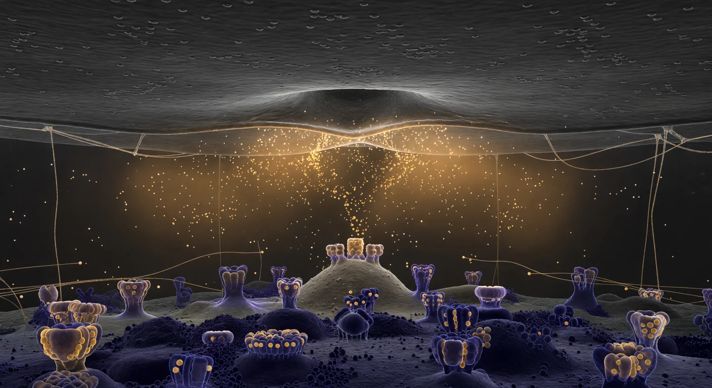 You are suspended inside a corridor that has no horizon — only ceiling and floor, both pressing in from above and below simultaneously, separated by a gap of just 25 nanometers, a distance so violently compressed that the entire synaptic cleft feels less like a space and more like a contact. Above you, the presynaptic membrane stretches as a vast charcoal plain, and at its center a single synaptic vesicle has committed irreversibly to fusion, its lipid bilayer collapsing into the membrane in a smooth omega-shaped dimple as the two leaflet pairs merge into one continuous sheet — a structural event lasting mere milliseconds that nevertheless reshapes the biochemical landscape of the entire corridor. From the fusion pore, thousands of neurotransmitter molecules — glutamate, or acetylcholine, depending on which synapse you inhabit — exhale outward as a warm amber cloud, not discrete objects but a diffuse volumetric tide governed entirely by Brownian diffusion, thinning at the edges as molecules spread laterally across the cleft, their motion unguided and probabilistic. Below, the postsynaptic density rises to meet them: a dark-purple, electron-dense scaffold of extraordinary architectural complexity, bristling with AMPA and NMDA receptor complexes whose extracellular domains protrude upward into the cleft like stone formations, their binding sites oriented precisely to intercept the incoming transmitter flood — a molecular geometry refined over hundreds of millions of years of synaptic evolution, here rendered suddenly, overwhelmingly immediate.