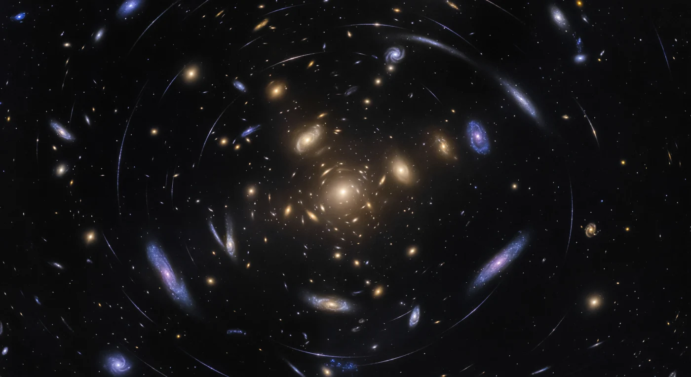 The observer hangs in the intergalactic void roughly one hundred million light-years from a massive galaxy cluster whose gravitational field has become the organizing principle of the entire visible sky. Directly ahead, hundreds of ancient elliptical galaxies merge perceptually into a single warm amber mass, their old stellar populations bleeding together through diffuse intracluster light — a fog of unbound stars stripped across billions of years of tidal interaction, pooling between galaxies like embers settling into ash. Around this golden core, the background universe has been geometrically dismantled: light from star-forming galaxies at redshifts near three, galaxies that existed when the universe was barely two billion years old, arrives at this position along multiple paths bent by the cluster's mass concentration, reconstructing itself as thin electric-blue arcs, closed Einstein rings, and repeated mirror images of the same spiral resolved clearly enough that individual star-forming knots can be matched across positions separated by vast angular distances — the same moment of cosmic time, the same patch of a young universe, delivered simultaneously by entirely different routes through curved spacetime. Pulling awareness outward to the wider field, a quieter signature of the same mass becomes legible: background disk galaxies at every intrinsic orientation have been statistically torqued, their apparent shapes curving tangentially around the cluster center in a faint coherent shear, too subtle to read in any single galaxy but unmistakable as a texture across the full field, the gravitational imprint of dark matter made visible only through the distorted testimony of billions of light-years of background structure.