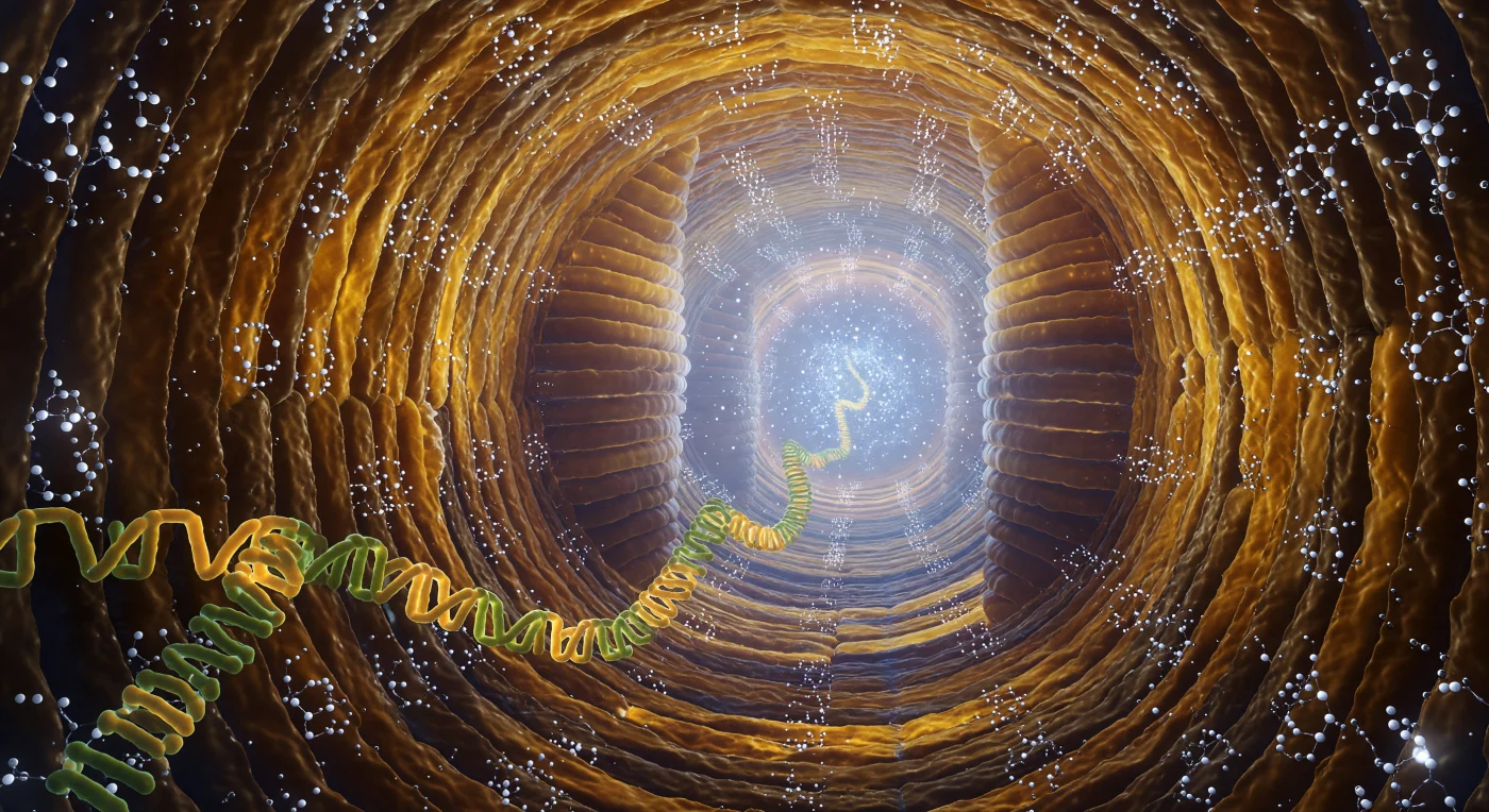 You are looking inward along the ribosomal peptide exit tunnel, a corridor roughly 100 ångströms long and barely 15 ångströms across at its narrowest constriction, its walls built from interlocking rRNA helices whose sugar-phosphate backbones curve and ridge like polished horn under the cold blue-white glow bleeding in from the peptidyl transferase center ten nanometers ahead. Every surface here is probabilistic rather than hard — the boundary between rRNA wall and the dense fog of thermally agitated water molecules is a negotiated gradient of electron density, and magnesium and potassium counterions sit in the major-groove indentations like bright silver-white specular points, each one haloed by a shell of rigidly oriented water dipoles that extends its electrostatic influence another ångström or two into the solvent. Threading toward you from that catalytic hearth is the nascent polypeptide itself, its backbone alternating lime-green and warm amber along each peptide bond, its hydrophobic side chains making fleeting van der Waals contact with the ridged nucleotide platforms lining the tunnel walls before thermal motion — occurring on picosecond to nanosecond timescales — peels them away again. The entire passage vibrates at the threshold of perception, every wall, chain, and water molecule executing its own quantum of Brownian motion, the tunnel functioning less as a static architectural form than as a living, electrostatically sculpted channel through which the first folding decisions of a new protein are continuously being made in amber shadow and catalytic blue fire.