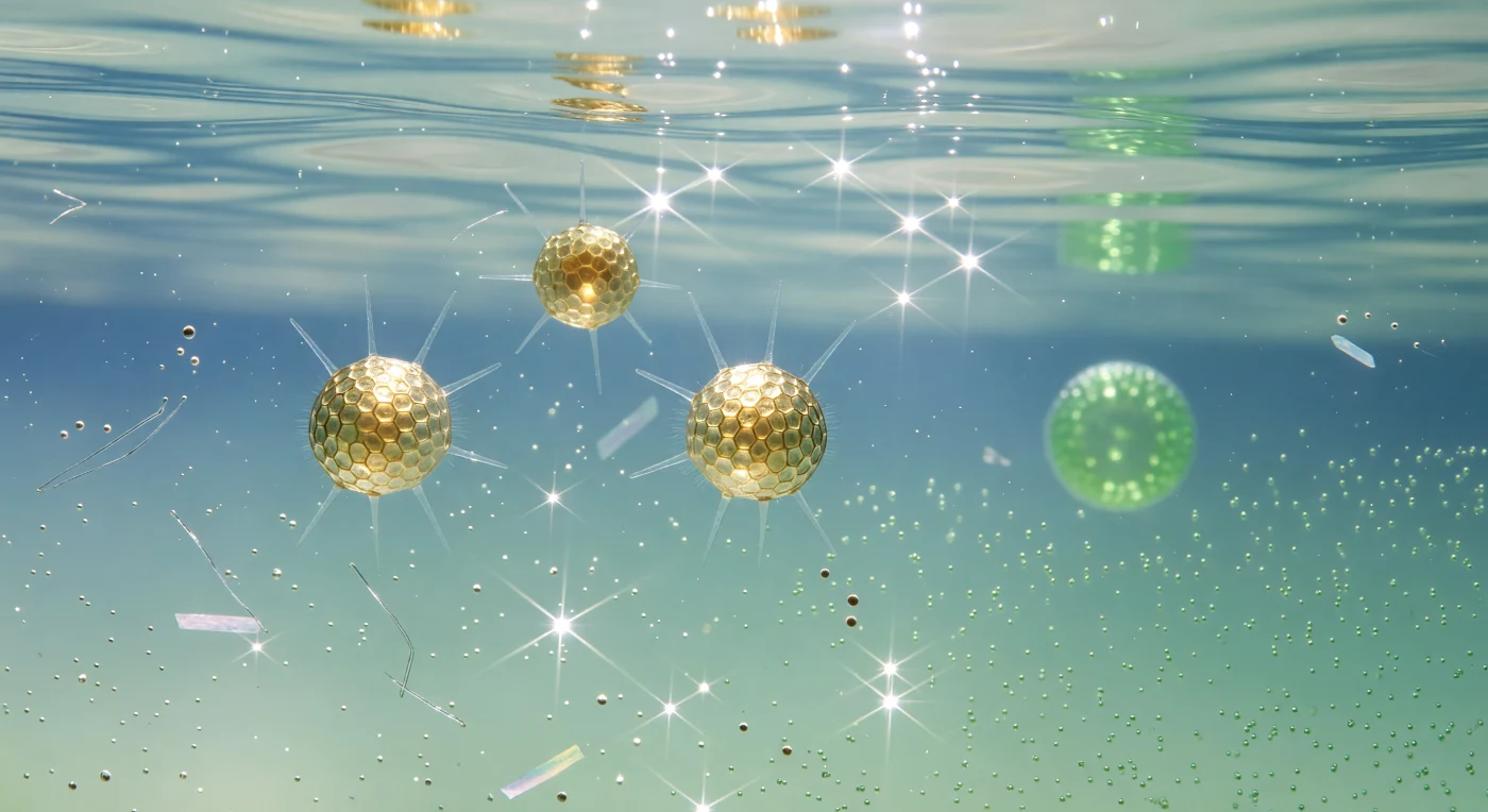 You drift at eye level with three *Keratella cochlearis*, each suspended in open water like an amber lantern no larger than a grain of fine sand, their rigid loricate shells of hexagonally faceted dorsal plates intercepting the downwelling silver light and bending it into sharp caustic stars that flicker and slide across a surrounding haze of pale turquoise. The loricas are extraordinary close up — box-like geometries of near-crystalline precision, their convex facets pooling photons at each center before surrendering them outward in soft aureoles, while six anterior spines project into the water column like drawn quartz needles and the barely visible corona shimmers in rapid metachronal pulses, each ciliary wave lasting a fraction of a millisecond as it sweeps food particles toward the hidden mastax within. Above, the water surface stretches as a ceiling of hammered mercury, its slow elastic distortions warping and magnifying the downwelling light into overlapping caustic nets written across pure liquid space, while deep in the blue-green distance a *Volvox* colony rolls with glacial momentum like a green chandelier, its daughter colonies glowing as small bright spheres within a hollow spinning sphere of emerald. Between foreground and background, the water column holds its own suspended architecture — diatom frustule fragments catching the light as slivers of opal glass, organic detritus drifting as silver threads, and thousands of *Chlorella* cells forming a living emerald smoke that gives the far water the color of shallow tropical sea glass.