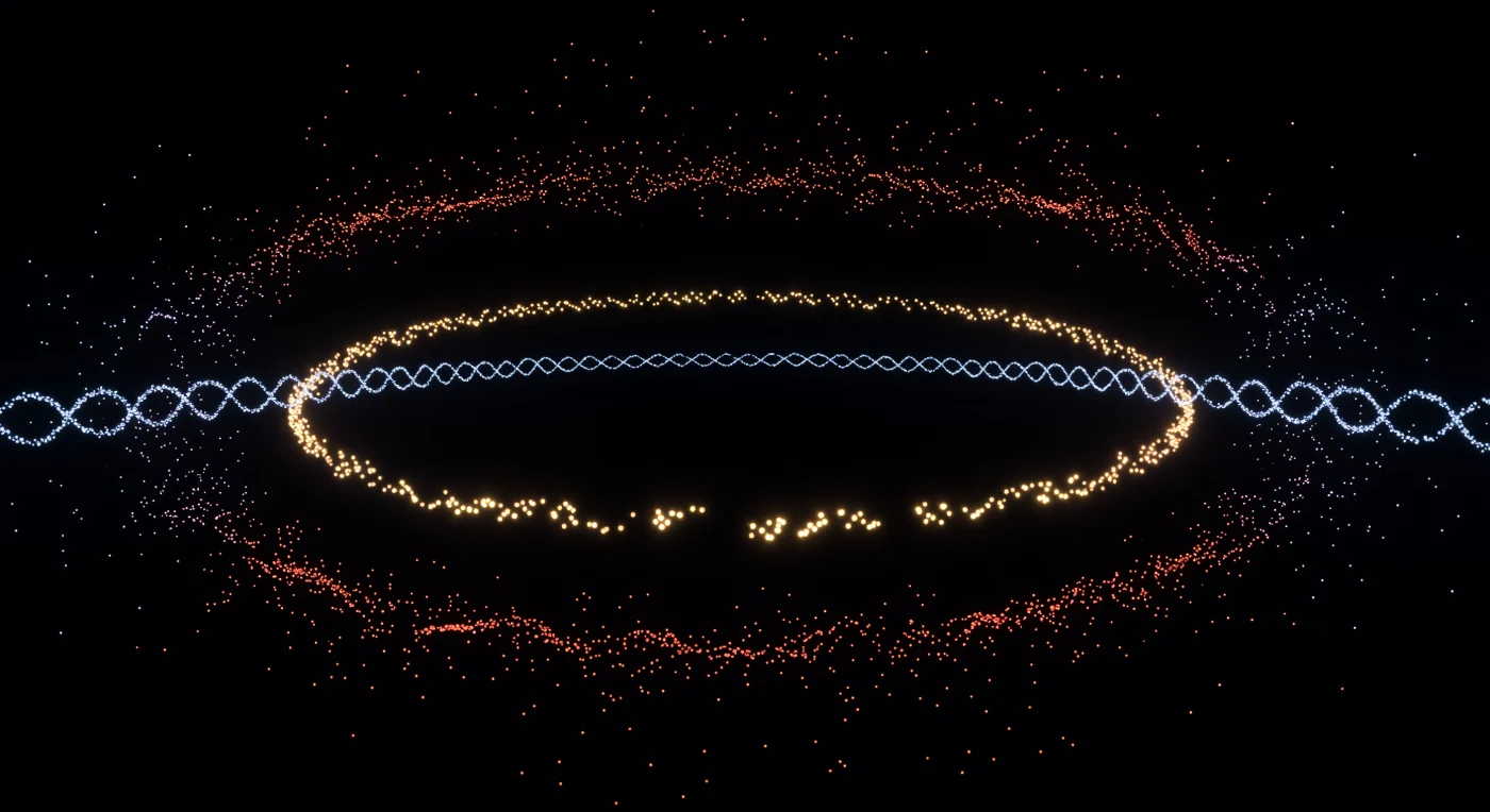 You are suspended inside absolute darkness that is not empty — it is the reconstructed interior of a single dividing bacterium, rendered point by point from thousands of individual fluorophore detection events captured by Stochastic Optical Reconstruction Microscopy, a technique that circumvents the diffraction limit of light by localizing single molecules to ~20-nanometer precision. The warm golden arc curving across your horizon is the FtsZ contractile ring, a discontinuous polymer scaffold assembled from tubulin-like GTPase subunits that will physically constrict the cell at its equatorial waist, driving binary fission — its gaps are not artistic license but biological truth, reflecting the dynamic treadmilling of oligomeric patches rather than a continuous filament. Flanking you in cool cyan, the MreB actin homolog traces its helical cytoskeletal array, a scaffold that couples peptidoglycan synthesis to cell elongation and maintains the rod shape against turgor pressure exceeding several atmospheres. The membrane boundary glowing in dense red-orange above and below you is not a surface you could touch in any conventional sense — it is a 7-nanometer lipid bilayer crowded with porins, respiratory complexes, and chemoreceptor arrays, and the depth-coded thermal gradient shifting from amber warmth to cold violet across the cell's axial length encodes the genuine three-dimensional geometry recovered from thousands of axial focal planes, collapsing a living cell's molecular architecture into a constellation of hard-won photon events that together constitute, with extraordinary sparse precision, the spatial truth of a cell choosing to divide.
