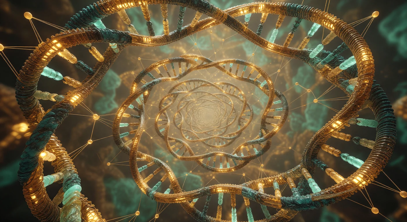 Looking directly down the axis of the collagen triple helix, the viewer is drawn into a spiraling corridor of three intertwined polypeptide chains — amber, teal, and jade — coiling away into a warm molecular haze with the hypnotic precision of a braided rope frozen at the boundary between chemistry and architecture. This is collagen in its fundamental form: three left-handed polyproline-II helices wound together into a right-handed supercoil, held in register by a network of interchain hydrogen bonds that shimmer between the strands like gold filaments under tension, supplemented by aquamarine hydroxyproline-water bridges that cool the palette and stitch additional order into the assembly. The extraordinarily tight central column — where glycine residues from all three chains converge with Cα–Cα spacings near 3.9 ångströms — is only possible because glycine carries no side chain, its single hydrogen atom the only geometry small enough to fit; any substitution would rupture the helix entirely. Projecting outward from each strand, the ribbed pyrrolidine rings of proline and hydroxyproline create a densely corrugated exterior surface whose repeating geometry reflects the precise 8.7 ångström helical pitch, reasserting a three-fold rotational symmetry every fraction of a nanometer down the receding tunnel. At this scale, thermal motion is not background noise but a physical presence — the soft focus deepening toward the far end of the helix is not optical aberration but the true consequence of femtosecond bond vibrations, the molecular architecture perpetually alive at the edge of its own stability.