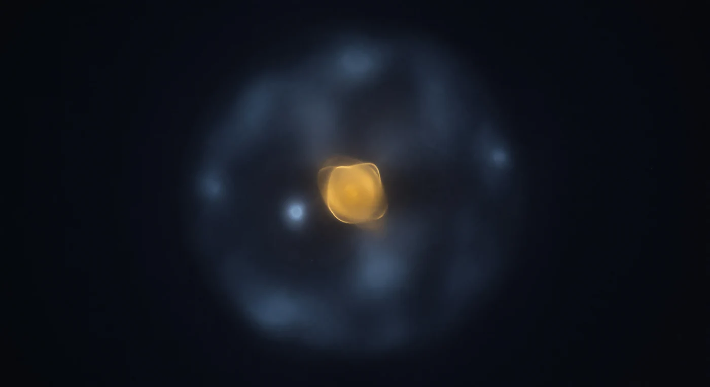 At thirty femtometers from its center, the lithium-11 nucleus presents one of the most extreme structural contrasts in all of matter: a ferociously dense amber core of nine bound nucleons — a lithium-9 kernel roughly two femtometers across, packed at nuclear saturation density near 2.3 × 10¹⁷ kilograms per cubic meter — adrift inside an immense quantum halo of two loosely bound neutrons whose wavefunctions diffuse outward to seven femtometers in every direction, making the whole system three times wider than its own compressed heart. These halo neutrons do not orbit classically; they exist as extended probability amplitudes, quantum-mechanically tunneling far beyond the range where the strong force can properly bind them, spending much of their existence in a classically forbidden region that would be pure vacuum at any larger scale. Occasionally the two halo neutrons exhibit di-neutron correlation — a transient pairing that appears as a slightly denser, cooler condensation drifting through the surrounding fog before dissolving back into the tenuous mist within yoctoseconds of nuclear time. The boundary between nucleus and void is not a surface but a gradient, a slow surrender of quantum density into structureless absence, so that standing inside the halo feels less like inhabiting matter and more like witnessing the last phosphorescent breath of something immeasurably ancient fading into an absolute dark.