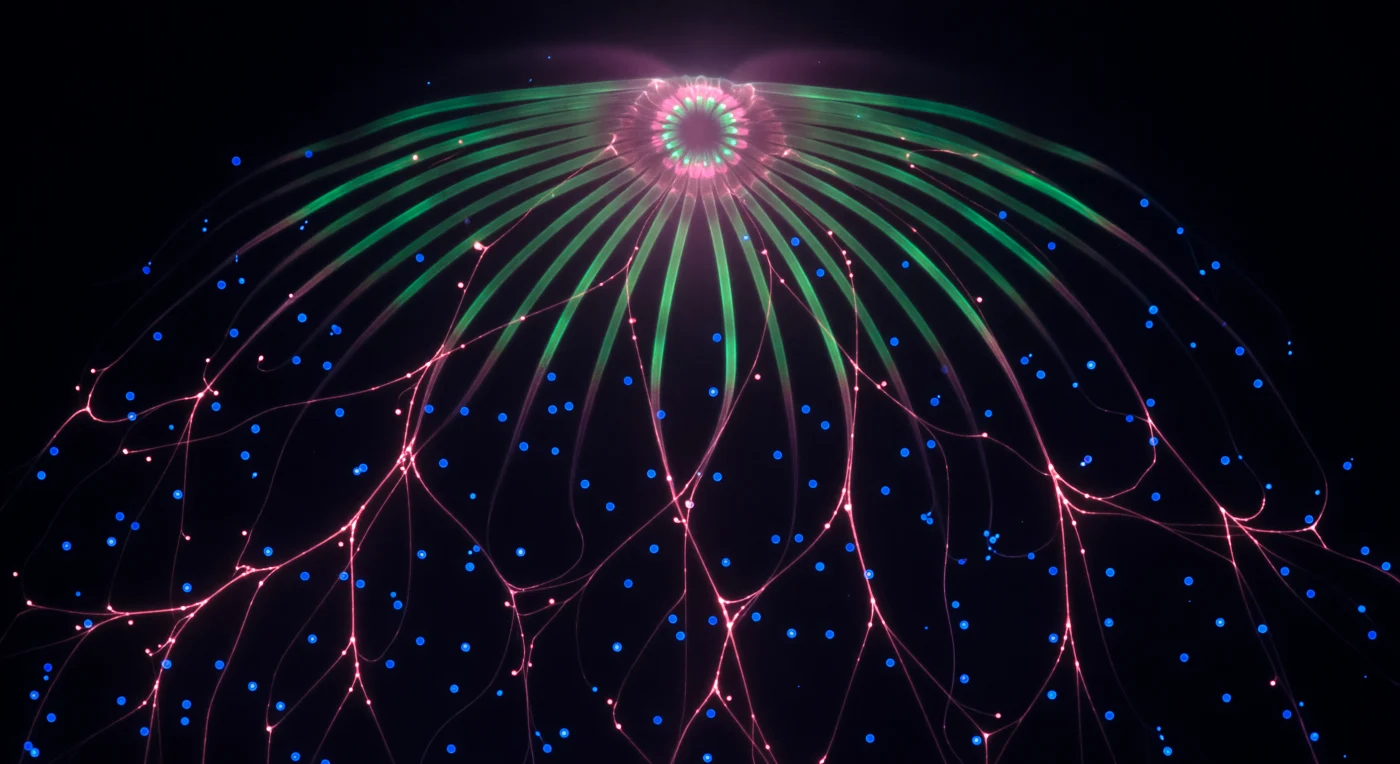 You are suspended inside a living animal smaller than a fingernail, yet the space you occupy reads as vast — the interior of a two-millimeter cydippid larva rendered in light-sheet fluorescence, its absolute black background interrupted by cold blue DAPI-labeled nuclei drifting through the mesoglea like sparse stars at varying depths, each a small hard cerulean sphere marking a cell nucleus within the organism's water-rich extracellular matrix. From that darkness, a non-hierarchical web of magenta filaments — FMRFamide-immunoreactive fibers of the diffuse nerve net, a neural architecture so ancient it predates bilateral symmetry — radiates in every direction without center or hierarchy, branching and re-branching asymmetrically, nodes glowing where fibers converge, casting soft rose halos into the void around them. Eight arcs of acid green sweep overhead like the ribs of a vaulted cathedral, each one marking a serotonin-positive comb row band — the sensory and locomotor infrastructure that coordinates the metachronal ciliary waves driving this animal through open water — their clean lateral edges imposing a spatial grammar on the otherwise anarchic filament web below. At the zenith, the aboral apical organ blazes as a near-white circular halo where magenta and green signals co-localize in the statocyst's lithocyte crown, the gravity-sensing structure that tells the animal which way is up in a featureless ocean — and from here, drifting through overlapping focal planes where nearer filaments are razor-edged and distant ones dissolve into glowing threads, the felt scale of this two-millimeter creature becomes indistinguishable from a nebula.