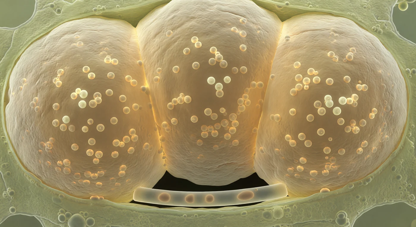 You are suspended inside a root cortical cell whose entire volume has been commandeered by three arbuscular mycorrhizal fungal vesicles, pressing against each other and the surrounding walls like amber hot-air balloons inflated well past capacity, their mutual contact zones flattened into broad planes of soft geometry wherever they collide. Each vesicle wall presents itself in layers — a rough, striated outer rind of chitin-glucan lamellae the texture of weathered ivory giving way inward to a glassy amber smoothness that seems to generate its own dim luminescence, as though the chemistry of lipid accumulation is itself warm enough to glow. Inside each amber mass, dozens of spherical lipid globules ranging from five to ten micrometers across hang in arrested suspension, refracting ambient light into pale-gold internal highlights: these are the fungus's primary carbon and energy reserves, triglyceride-rich droplets synthesized from sugars delivered by the host plant and destined for export outward along the extraradical mycelium to fuel soil exploration far beyond this root. The host cell has been reduced to a pressurized film of pale-green cytoplasm squeezed to the margins — ribosomes, organelles, and cellulose microfibrils still present but compressed under a load they were never designed to bear — while a single intraradical hypha no wider than five micrometers threads silently between two vesicles at the lower periphery, its colorless taut wall faintly glistening, the sole filament connecting this oil-packed interior vault to the invisible external network and everything it sustains.