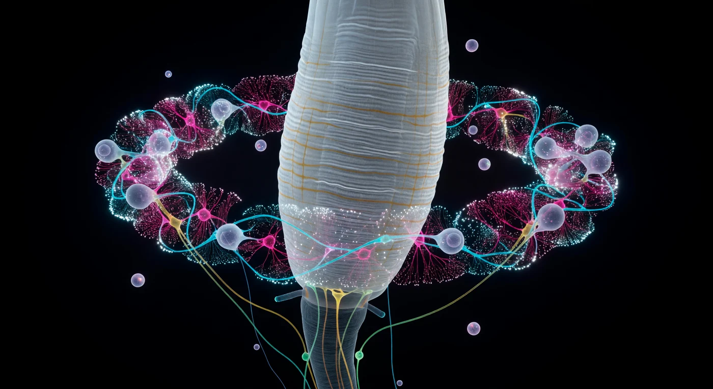 You hover less than ten micrometers from the pharyngeal wall, suspended in the optically clear pseudocoelomic void as a pale column of striated muscle tissue rises before you like the flank of a glacier — its surface carved into precise longitudinal ridges and transverse corrugations, the underlying collagen ghost-lattice just barely visible through translucent hypodermis. Around this central pillar, the circumesophageal nerve ring encircles everything: a blazing wreath of neuropil barely twenty micrometers across yet packed with a complexity that reads as continent-scale from your vantage point, each neuron class holding its own spectral signature the way minerals hold crystal color — cool cyan amphid sensory axons weaving inward from the periphery, hot magenta interneuron fibers pressing against them in fascicles separated by nanometer-scale gaps, yellow-green motor neuron commissures arcing downward toward the ventral nerve cord like suspension cables dissolving into darkness. Cell bodies of three to eight micrometers each orbit the ring like small planets, their nuclei floating inside as darker moons, while scattered through the neuropil, synaptic vesicle clusters detonate as brilliant white sparks — pinpoint supernovae of calcium-saturated membrane fusion — within a volume you could cross in a single slow drift. This living crown of electrochemical fire contains, in 302 neurons and roughly 7,000 chemical synapses, a complete and sufficient program for sensation, navigation, feeding, and reproduction, burning quietly in permanent darkness while the animal above navigates its bacterial continent one body-length per second.
