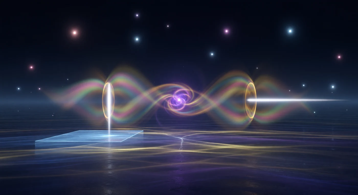 At the center of the scene, a deep-violet conversion burst smolders in the cold quantum vacuum, sending two golden photon wave packets racing in opposite directions through a dark indigo expanse that glows with faint zero-point ripples. Each packet is wrapped in a slowly rotating rainbow haze, the visual metaphor for polarization that has no fixed direction until measurement, while the vacuum itself feels like a living dielectric rather than empty space. On the left, a cool blue analyzer plane slices through one packet, and in the same instant both packets snap into crisp, perpendicular polarization states, their hazes collapsing into sharp white arrows. A faint silvery thread lingers between the two collapse events, not as a physical wire but as a visual echo of entanglement, making the whole space feel immense, quiet, and charged with nonlocal connection.