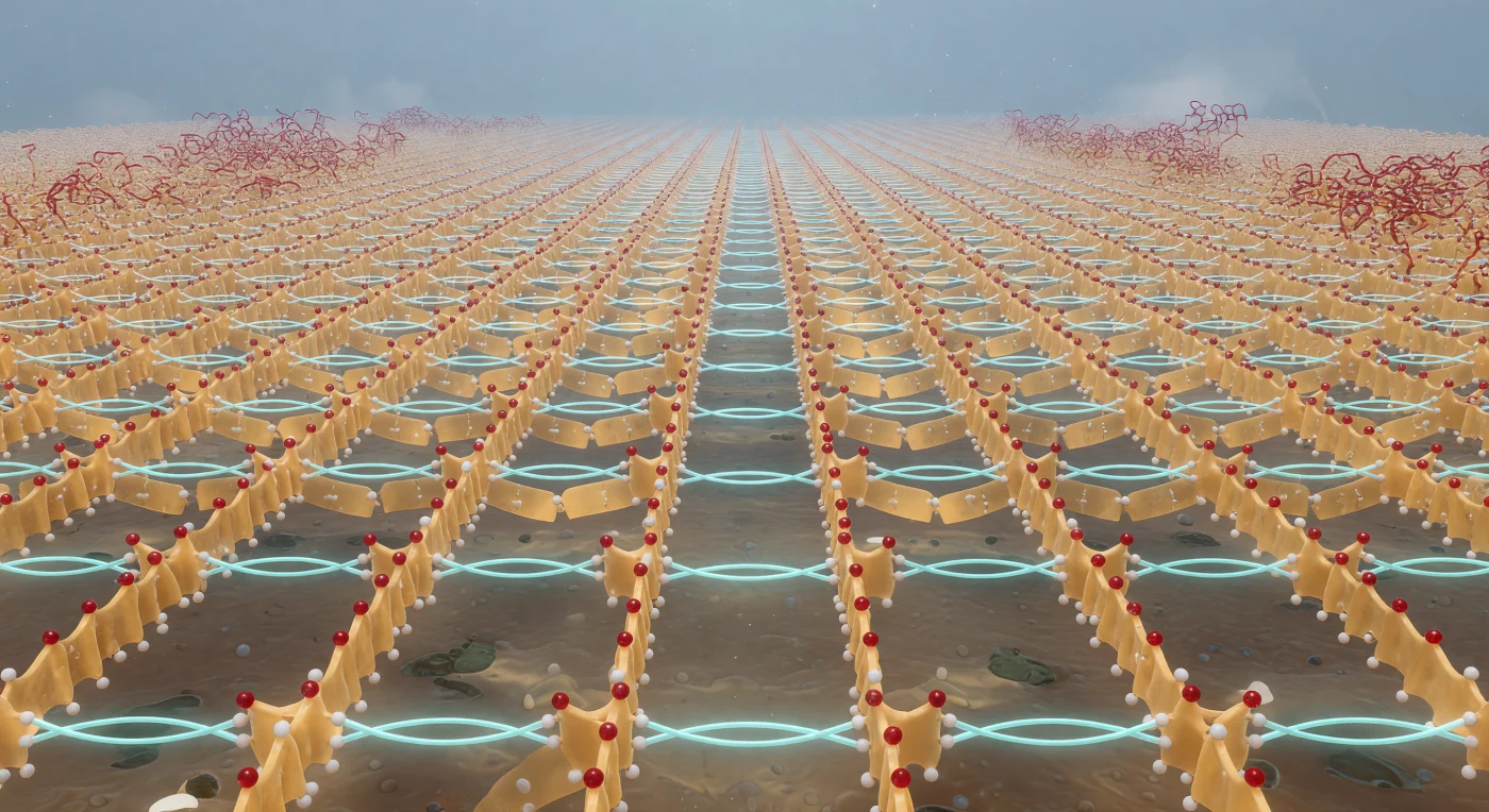 You drift just above a vast corrugated plain whose amber-parchment ridges sweep to every horizon in alternating directions — the backbone strands of an antiparallel beta-sheet, each one a dense ribbon of covalent bonds carrying the faint translucent sheen of electron-density clouds rather than any hard surface. Cherry-red carbonyl oxygens crown each ridge crest like garnets set into old bone, while pale amide nitrogen tips line the valley floors, and between every pair of adjacent strands a repeating series of cyan hydrogen bonds arches laterally — ghostly filaments of electrostatic probability glowing at 2.9-ångström intimacy, collectively lacing the plain into molecular chainmail of extraordinary regularity. The light here is directionless, a diffuse cold-white glow sourced from the surrounding aqueous medium rather than any sun, catching every backbone ridge top and leaving the valleys in warm amber shadow, while at floor level van der Waals contacts pack the molecular surface so tightly that no vacuum remains, the texture almost marbled. At the sheet's far edge, the disciplined corrugations dissolve abruptly into writhing red-orange connector loops — disordered turn regions frozen mid-fluctuation, their surfaces knobbed with side-chain protrusions — before the entire structure blurs into the blue-gray ionic haze of bulk solvent, a horizon that breathes with the constant reorientation of water dipoles too fast to resolve.