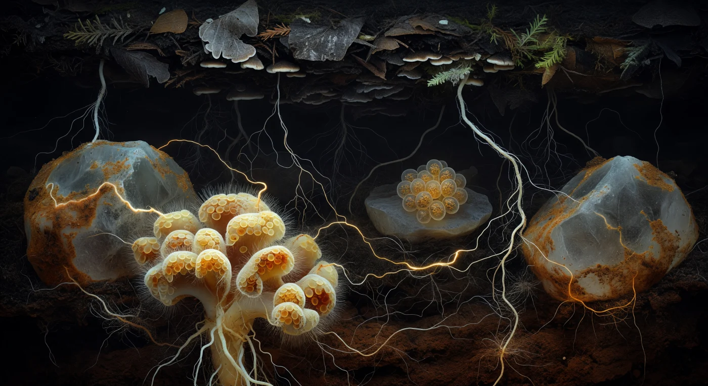 You are drifting through absolute darkness inside a pore channel no wider than a crack in old stone, suspended between quartz grains the scale of cathedral walls, their surfaces glazed in amber organic matter that seems to hold warmth rather than emit light. Directly ahead, an ectomycorrhizal root-tip cluster rises like a baroque reef structure: its mantle sheath layers cream, butter-yellow, and rust-ochre pseudoparenchyma around the root's pale cortex, outer hyphae radiating into the surrounding soil matrix like hair lifted in a slow current, the whole assembly functioning as a living interface where the tree surrenders photosynthate carbon and the fungus returns phosphorus and water scavenged from mineral surfaces no root hair could reach. Weaving outward from this cluster and threading across tens of centimetres of dark soil, the Common Mycorrhizal Network materializes as gossamer white hyphae — individually one to ten micrometres across — braiding near root surfaces then thinning to near-invisibility across bare feldspar faces, a recursive three-dimensional mesh that physically links trees of different species into a shared biochemical conversation. Mid-ground, an amber spore cluster rests against a flat mineral face, its stratified walls enclosing lipid globules that refract the scene's faint inferred luminosity into honeyed gold, each spore a dormant archive of fungal genetic potential awaiting the chemical signal of a nearby root. Above, fine roots descend from the near-black humus ceiling like silver and cream cables, some bare, others already cloaked in new mycorrhizal mantles, all of them dependent on this lightless web to survive.