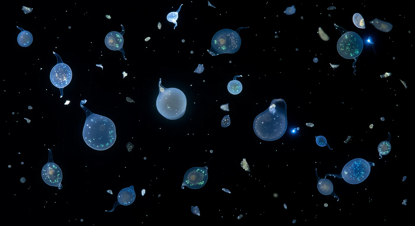 The darkness here is not metaphorical — it is the true optical zero of open ocean water at night, a medium that presses with the slight viscous drag of a fluid too dense to ignore, carrying its cargo of dissolved salts and slow-sinking flakes of marine snow past your bacterium-scaled body. Then the first Noctiluca scintillans cell detonates its bioluminescent discharge twenty micrometers away: a cold, precise burst at 490 nanometers that lasts a tenth of a second and in that interval reveals a gelatinous sphere roughly a millimeter across — vast from where you float — its plasma membrane bending its own emitted blue-green light into a brief aureole while luciferin-laden vesicles at the cytoplasmic periphery dim from blue-white to teal as the chemical substrate exhausts itself. The flash is confiscated rather than extinguished, and the darkness that replaces it is total, but before any adjustment is possible a second cell fires three body-lengths away, then a third behind it, the chain reaction propagating through mechanical pressure waves in the water as each new discharge prints a cerulean afterimage: a crescent of transparent cell wall, the shadow of a food vacuole containing a half-digested diatom, a trailing tentacle catching cold light like a wet filament. Marine snow drifts into one burst and scatters it into a foggy halo, and the cumulative strobing turns the water into something like a storm seen from inside a thundercloud — each interval of absolute blackness already collapsing under the weight of the next discharge, overlapping rings of cold fire propagating outward through oceanic infinity.