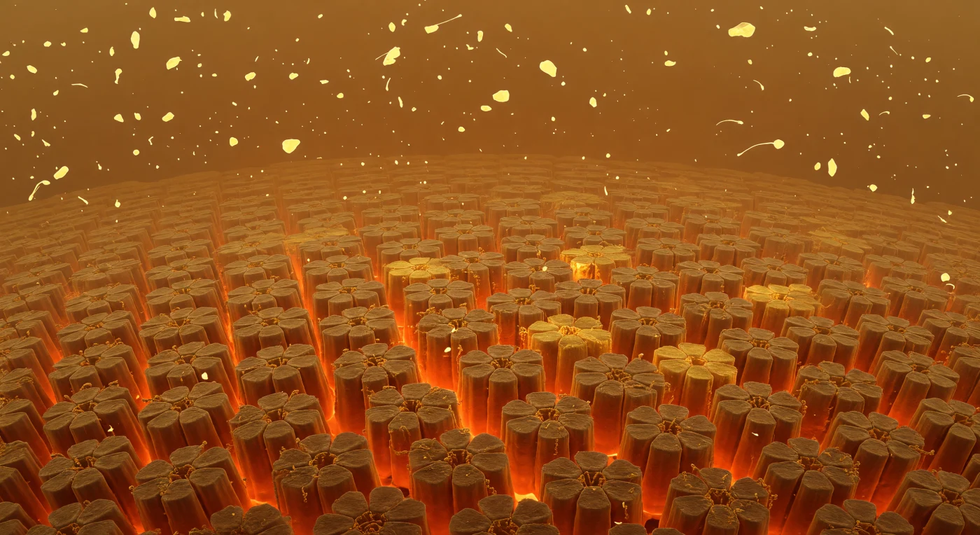 You stand on the outer skin of a living cell, and the world curves away in every direction like the surface of an amber planet whose horizon is measured in micrometers. Beneath your feet stretches an unbroken crystalline plain of interlocking hexagonal glycoprotein rosettes — the S-layer of *Sulfolobus acidocaldarius* — each hexamer roughly the size of a small building at your ten-nanometer scale, its six densely packed beta-barrel subunits rising as burnt-copper pillars with glycan chains quivering at their tips in the ceaseless thermal agitation of 80°C fluid. Between adjacent hexamers, five-nanometer channel-gaps glow with trapped orange luminescence, offering glimpses of the GDGT tetraether membrane monolayer below — not the trilaminar sandwich of ordinary cells but a single seamless slab of isoprenoid-linked lipids, dense and dark as polished resin, its covalently spanned architecture evolved to resist both the proton assault of pH-3 acid and temperatures that would dissolve conventional bilayers. Through the sulfurous ochre haze above — a viscous acidic medium thick with dissolved mineral compounds — pale yellow flakes of elemental sulfur tumble in slow non-ballistic arcs, their trajectories continuously redirected by Brownian collisions, catching the geological amber light in brief cold flashes before vanishing back into the thermal murk of a volcanic hydrothermal environment that has sustained life of this kind for billions of years.