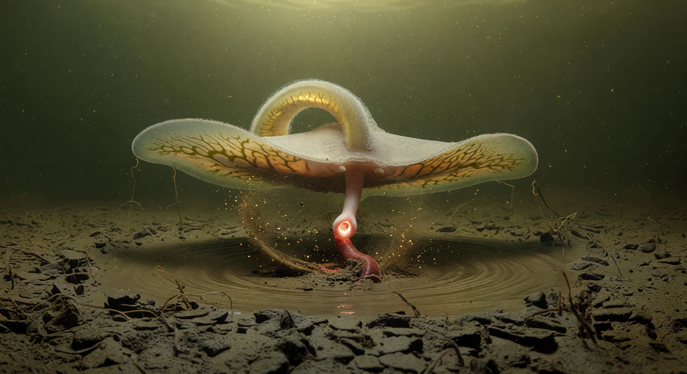 You are pressed into cold, silty mud at the margin of a freshwater pond, your vantage point no higher than a grain of sand, and above you the pale underbelly of a *Dugesia* planarian stretches overhead like a living vault — its translucent tissue glowing amber-green in the diffuse surface light, the branching gut diverticula visible as dark dendritic shadows pressed against luminous flesh, biological stained glass suspended over a terrain of compacted clay platelets and drifting organic filaments. At the precise center of the scene, the everted pharynx descends as a fleshy muscular cylinder — pale pink-white and catching every available photon — pressing its circular suction lip against the brick-red body of a *Tubifex* worm partially buried in the silt like a segment of cable, a slow-expanding radial plume of displaced mud particles suspended around the contact point in perfect amber sparks. The pharynx is a muscular hydraulic structure, everted by coordinated hydrostatic pressure and retractor muscles, capable of delivering enzymatic secretions and generating suction sufficient to tear soft prey tissue within seconds of contact. What reads here as monumental architecture — the gripping ventral adhesive glands anchoring the predator to the substrate, the compression ripples radiating outward through the mud surface, the cathedral murk filtering down through millimeters of olive-green water — is a feeding event that, in real time, unfolds in under a minute, the entire biological violence of it compressed into this single luminous, suspended instant.